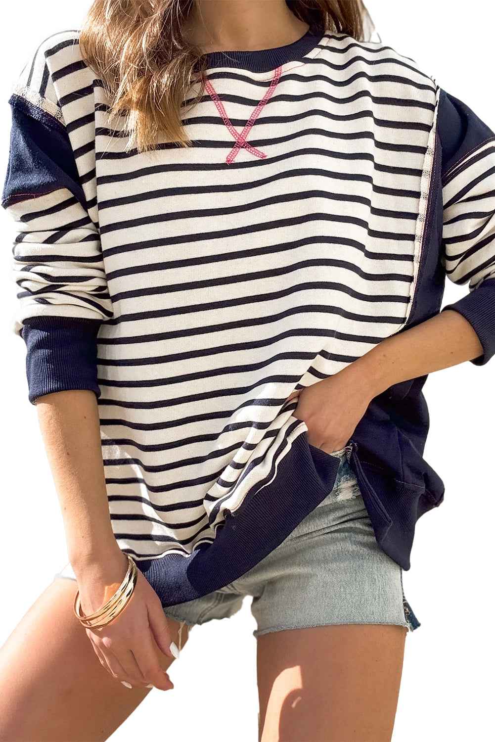 White Stripe Patchwork Exposed Seam Loose Fit Sweatshirt