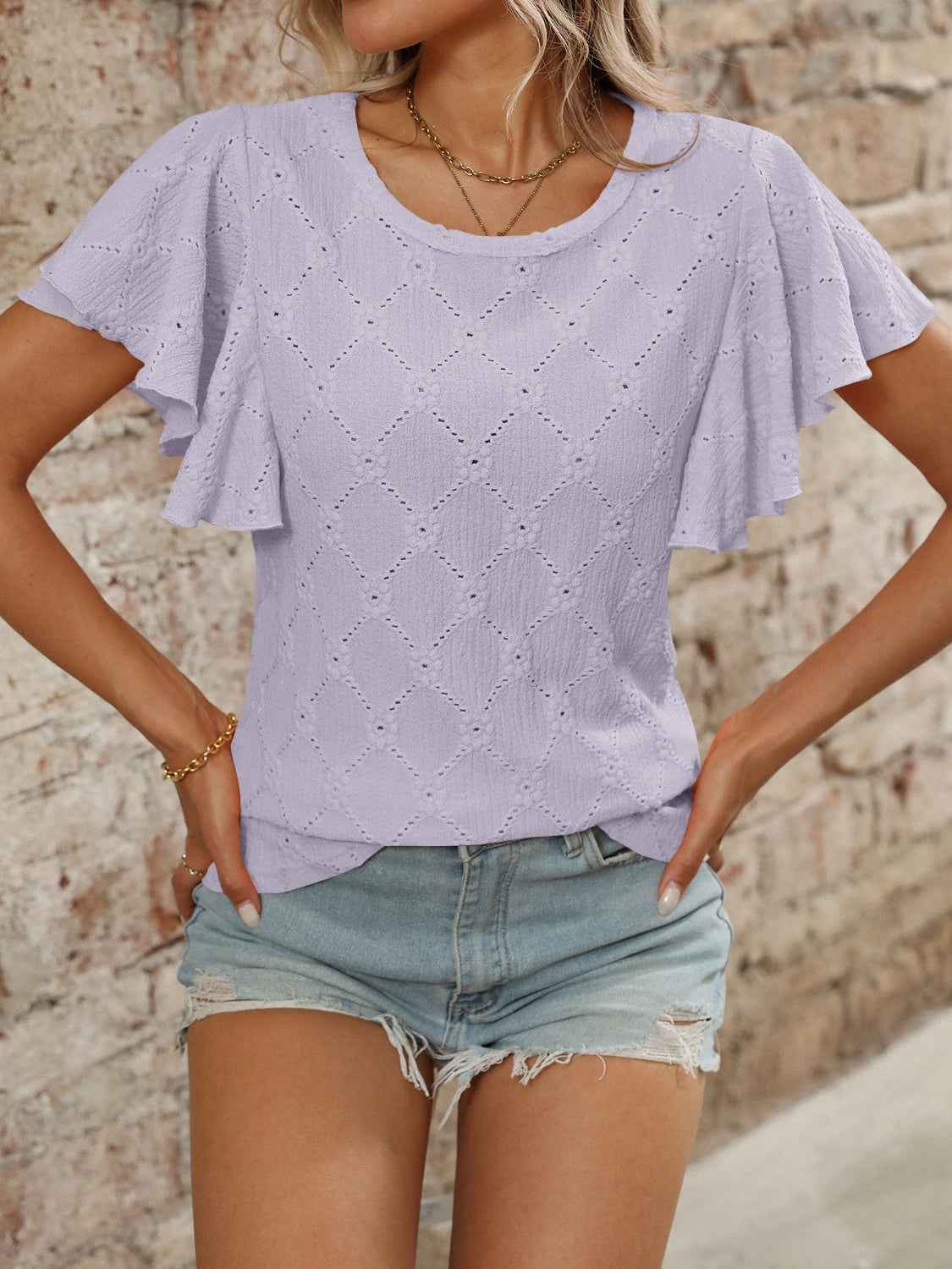 Eyelet Round Neck Flutter Sleeve Top