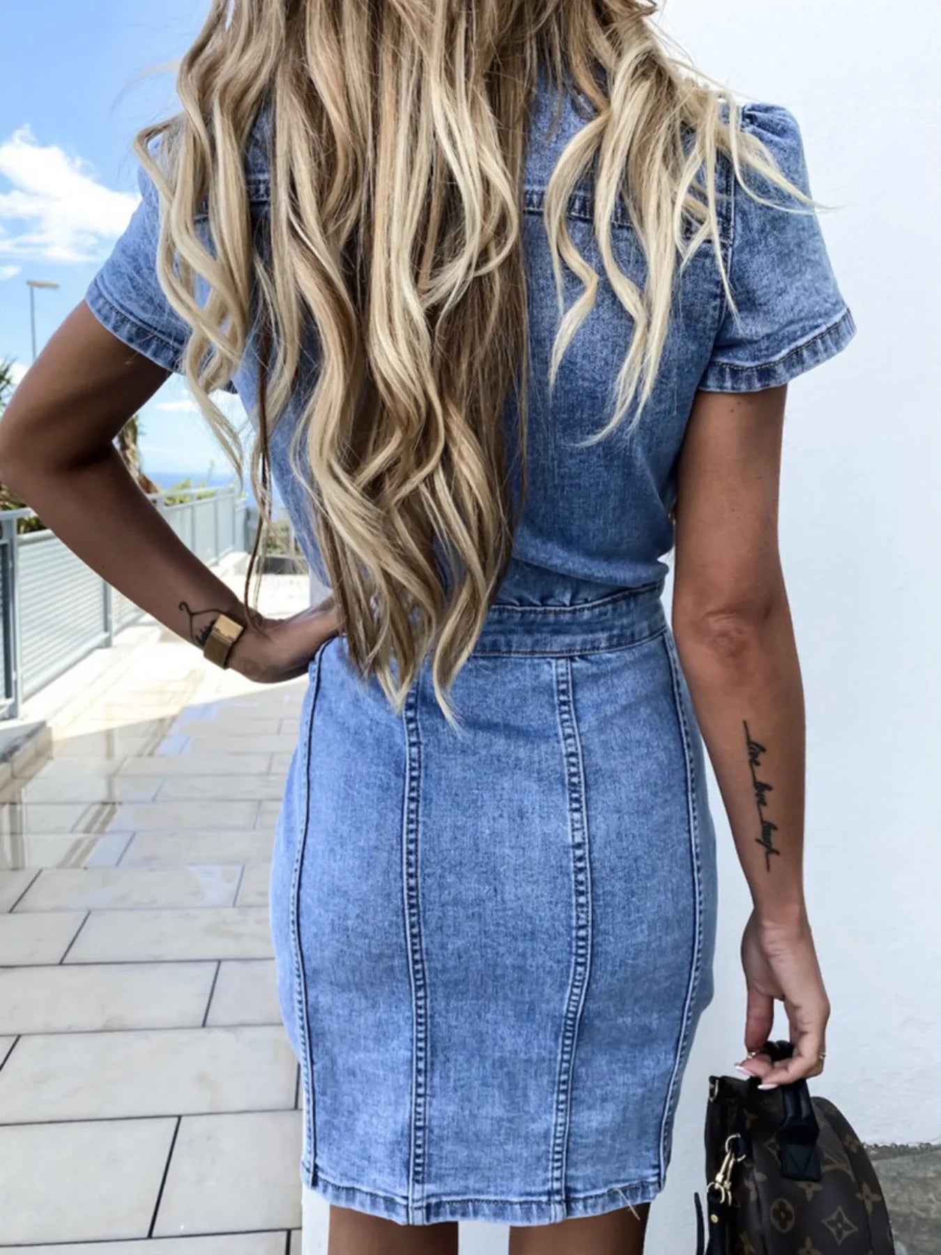 Button Front Short Sleeve Denim Dress