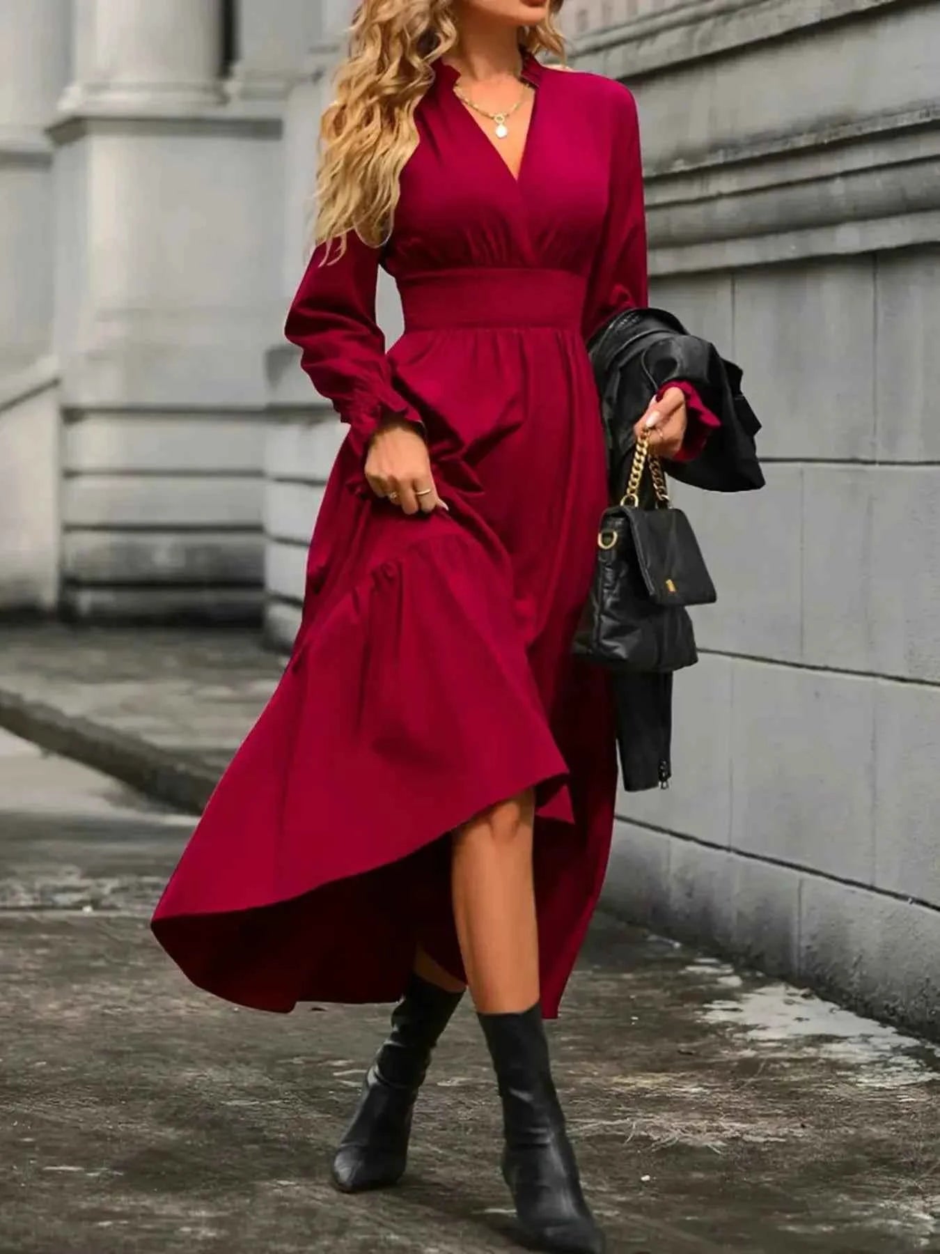 Notched Long Sleeve Tiered Dress