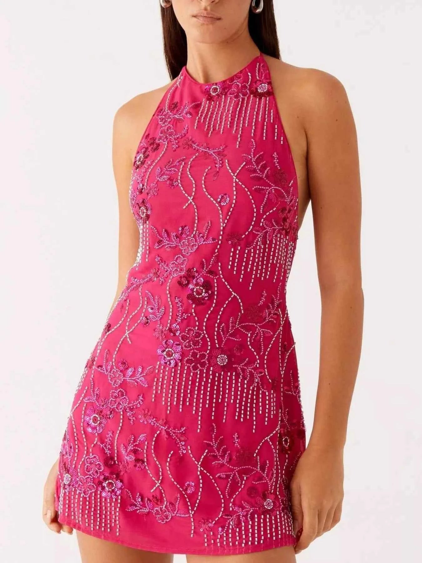 Backless Embroidered Halter Neck Mini Dress