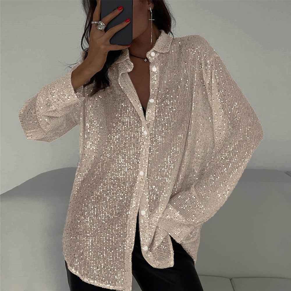 Elegant Women's Sequin Shirt - Stylish Long Sleeve Button-Up Blouse With Glitter Details, Perfect For Party & Casual To Formal Wear