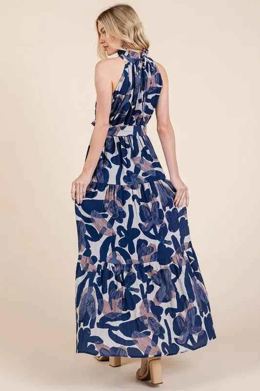 Lime 'N' Chili Abstract Halter Neck Tie-Waist Tiered Maxi Dress