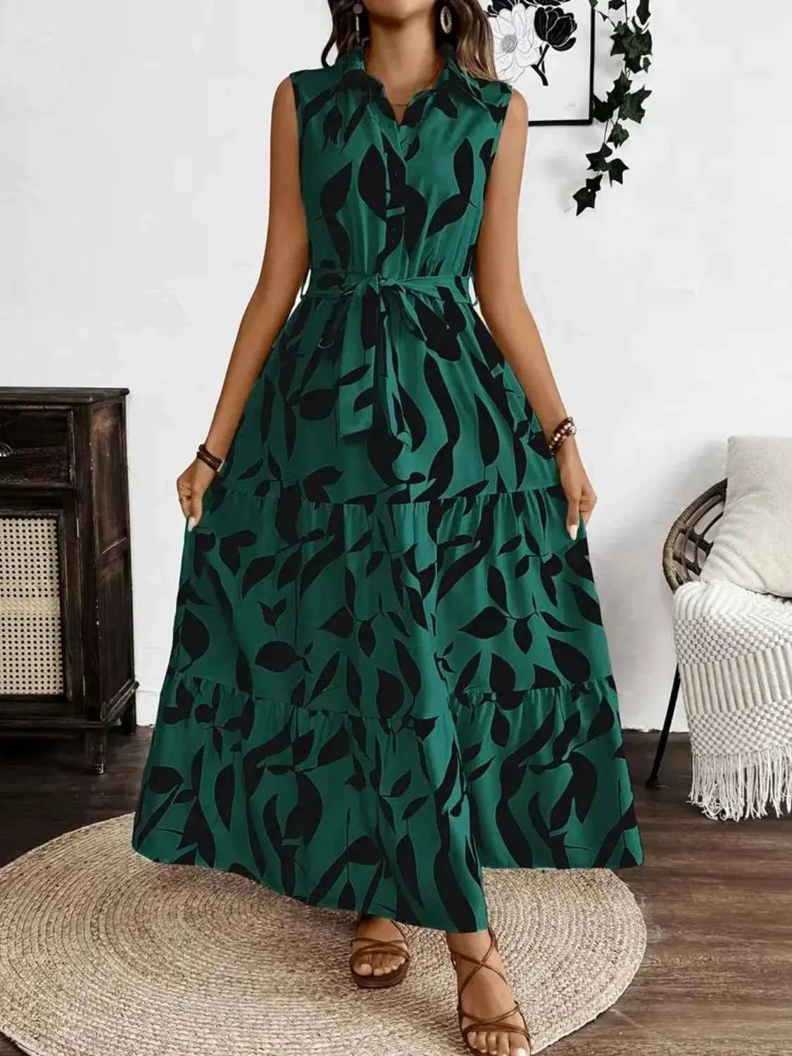Printed Tie Waist Sleeveless Maxi Dress