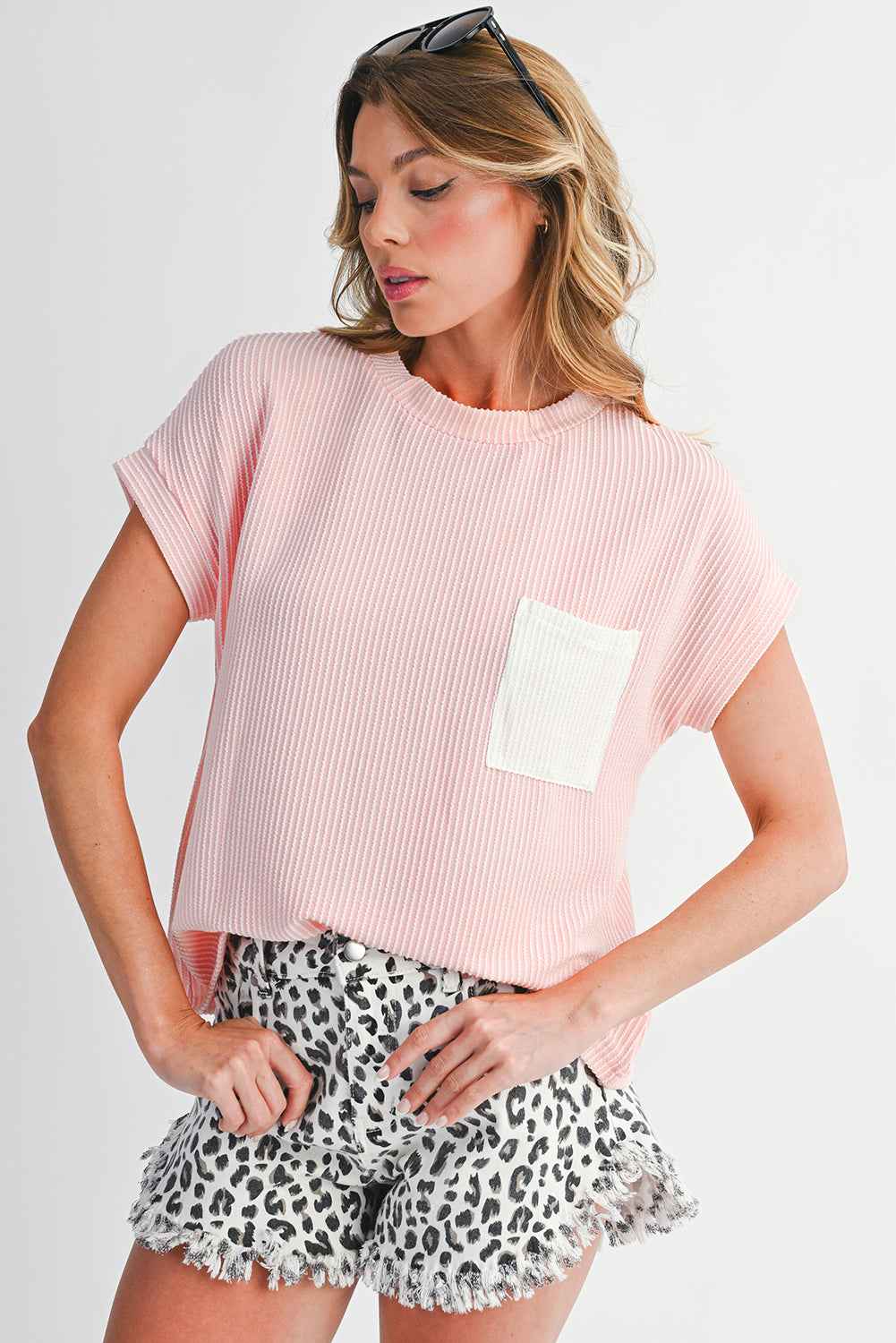 Light Blue Corded Colorblock Pocket Crew Neck T Shirt