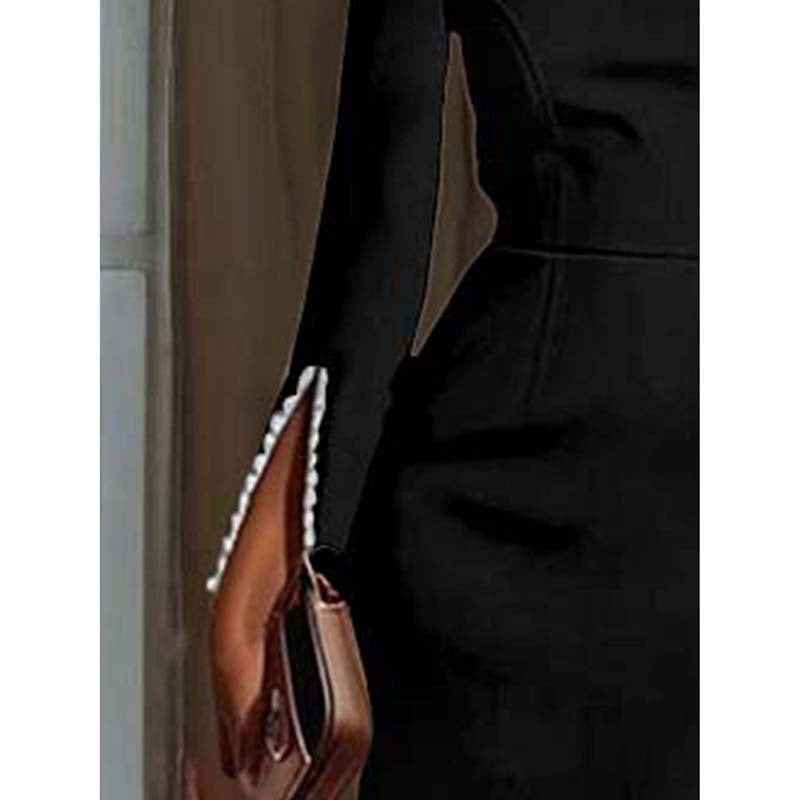 Women's Elegant Pearl Accent Bodycon Midi Dress With Sleeve Split & Back Zipper, Formal Cocktail Party Club Dress