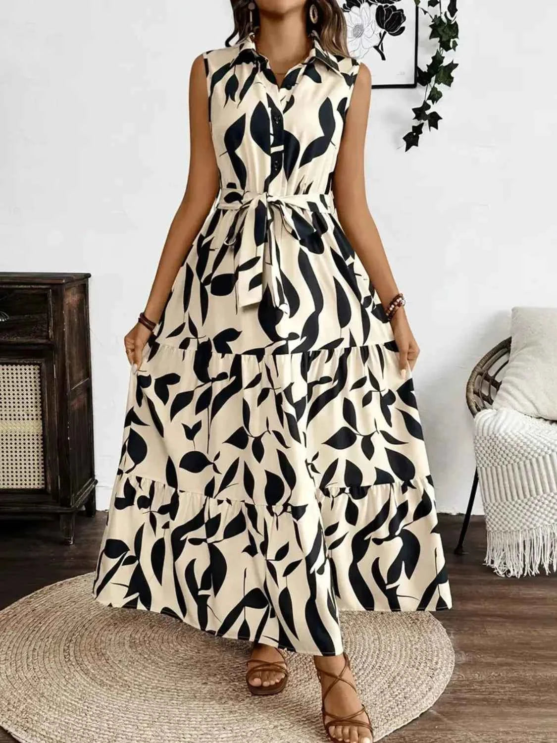 Printed Tie Waist Sleeveless Maxi Dress