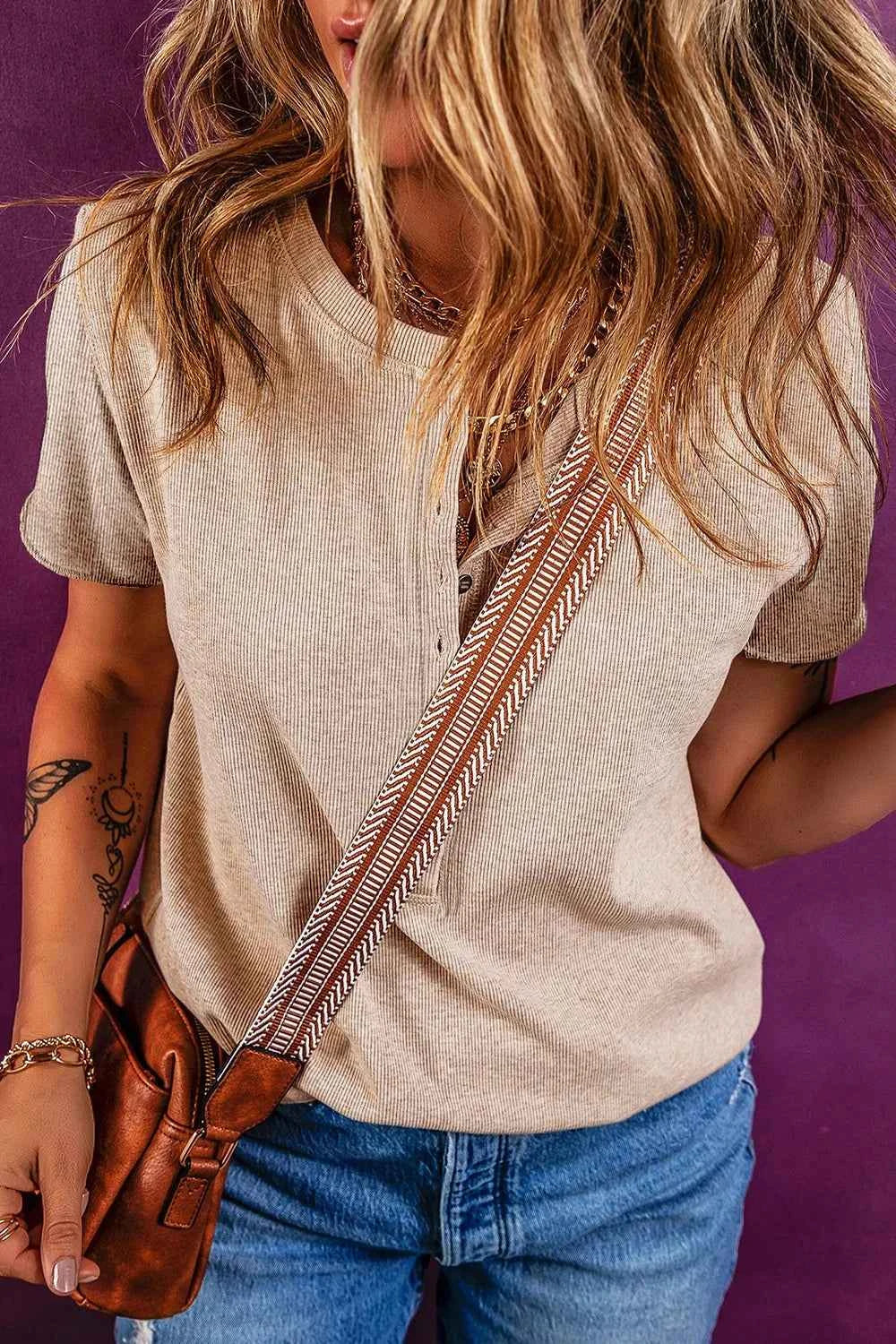 Short Sleeve Half Button Ribbed Knit Top