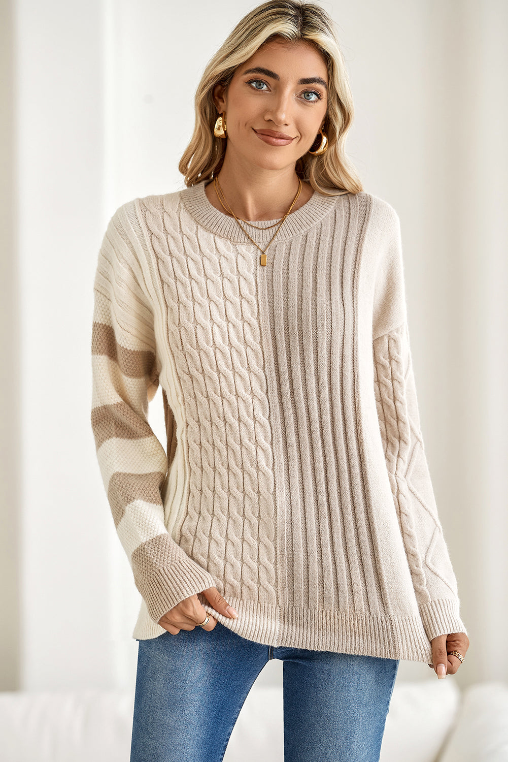 Khaki Cable Knit Colorblock Crew Neck Drop Shoulder Sweater - The Eggy's store