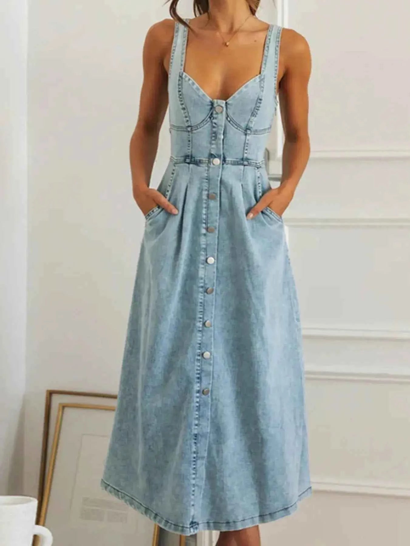 Sweetheart Neck Button-Front Pocketed Denim Midi Dress