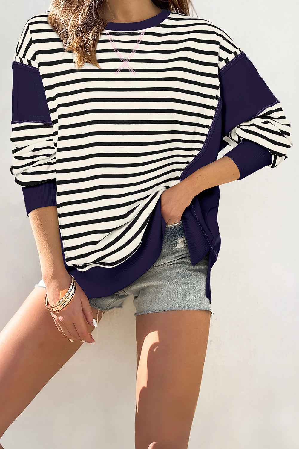 White Stripe Patchwork Exposed Seam Loose Fit Sweatshirt