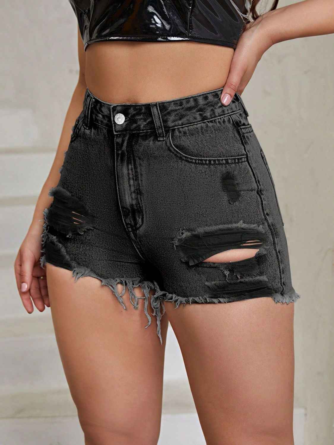 Distressed Raw Hem High Rise Denim Shorts