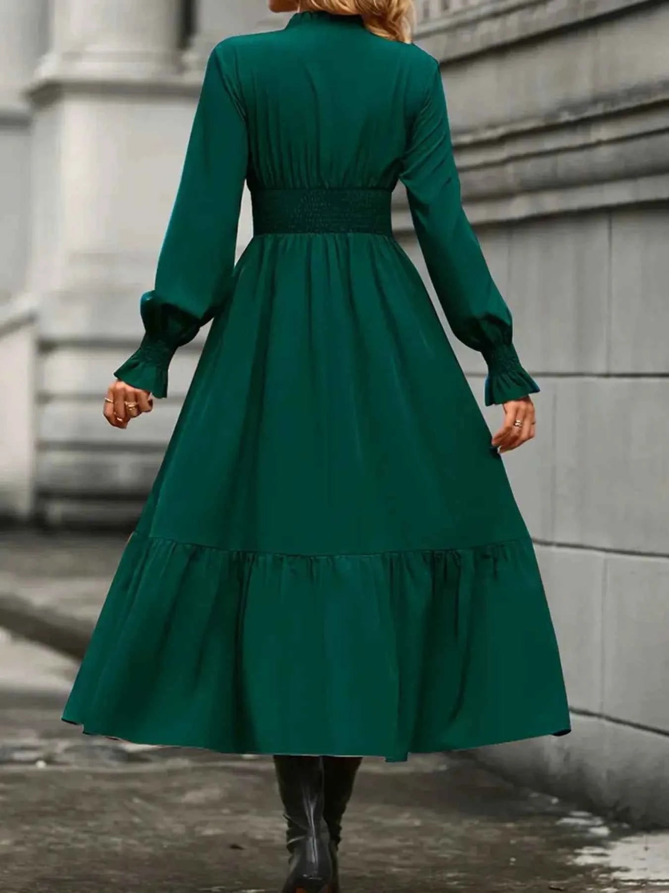 Notched Long Sleeve Tiered Dress
