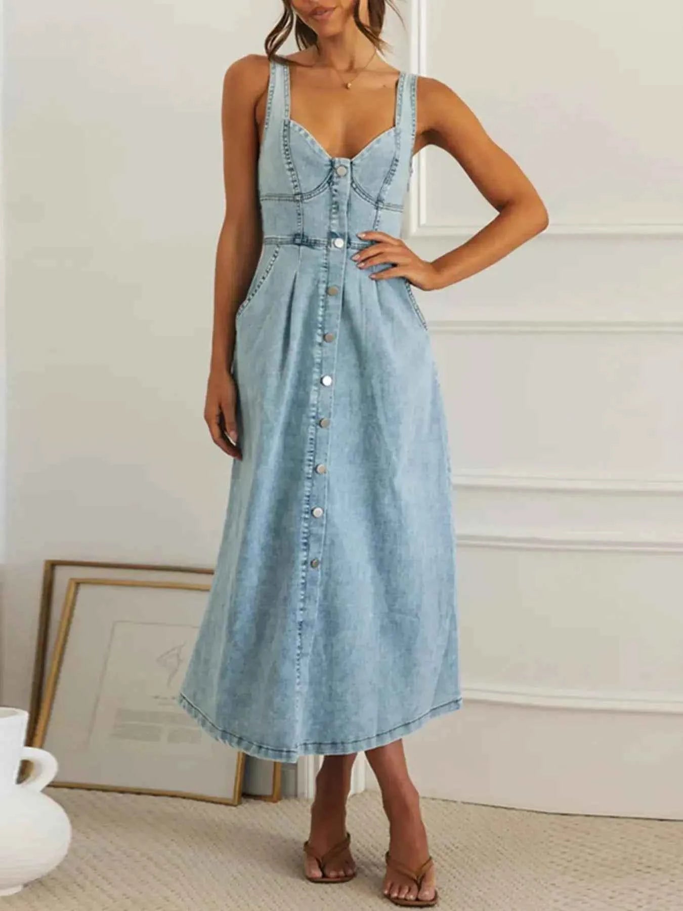 Sweetheart Neck Button-Front Pocketed Denim Midi Dress