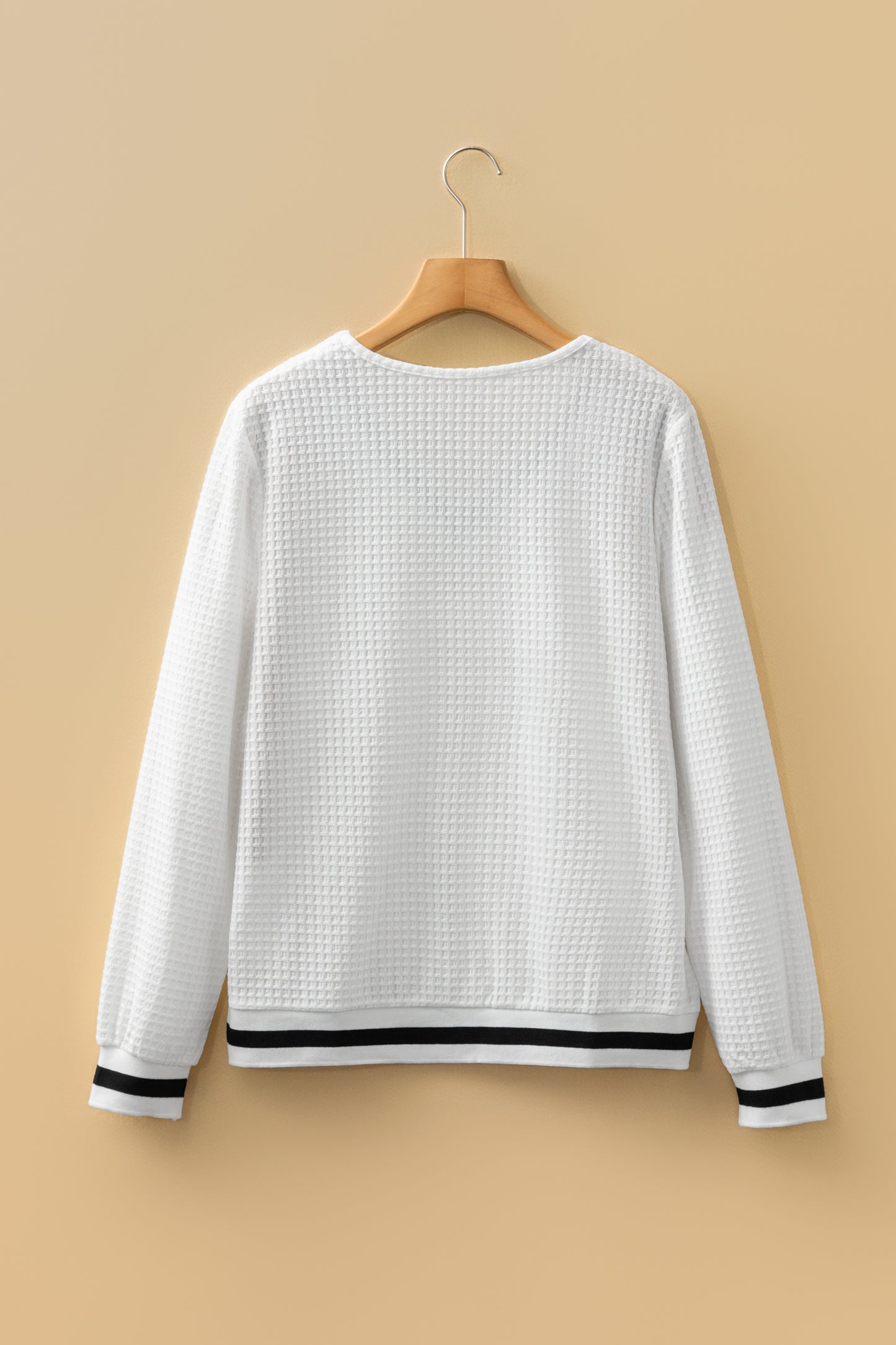 White Textured Knit Preppy Striped Trim V Neck Pullover Waffle Women's Top