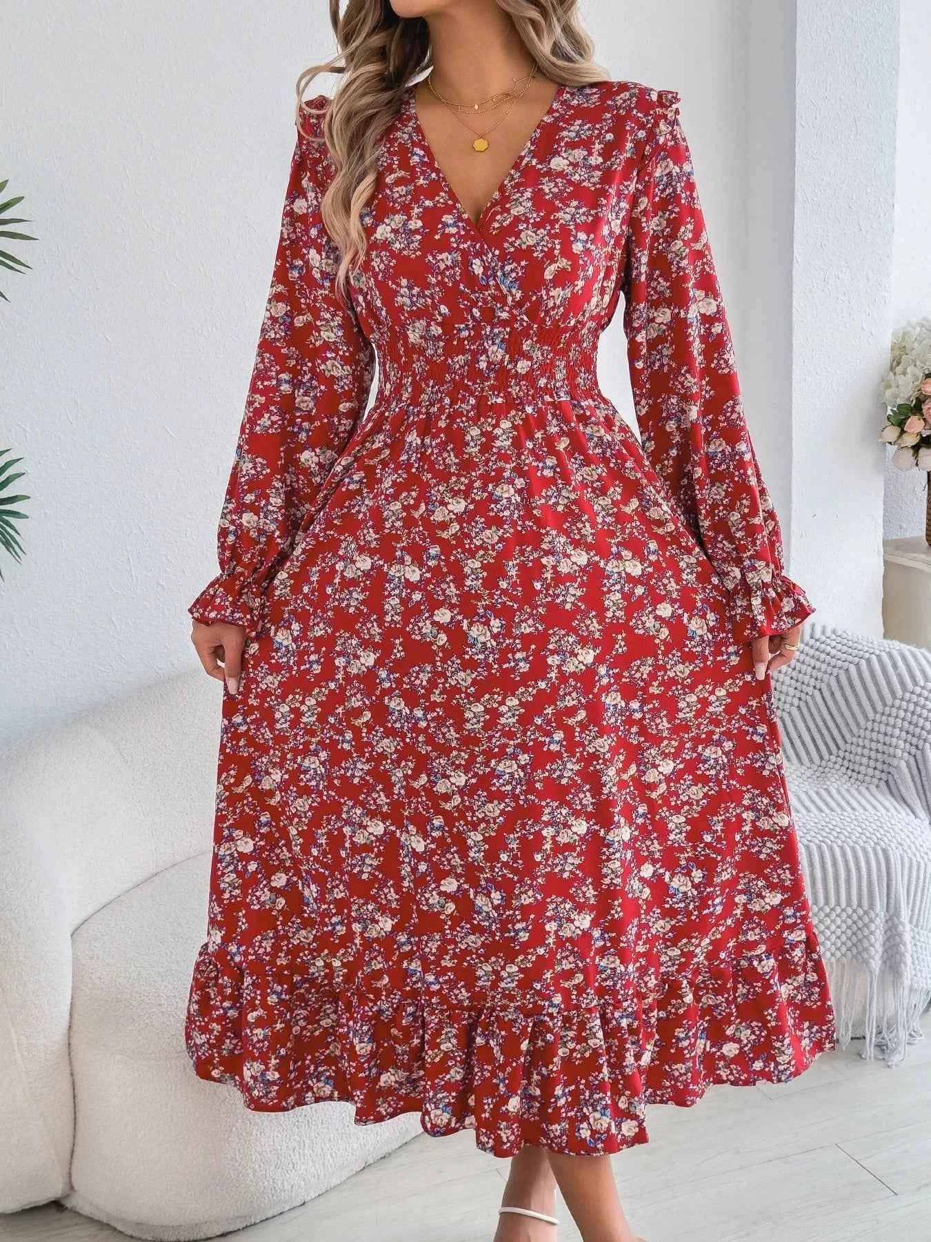 Ruffled Floral V-Neck Flounce Sleeve Dress