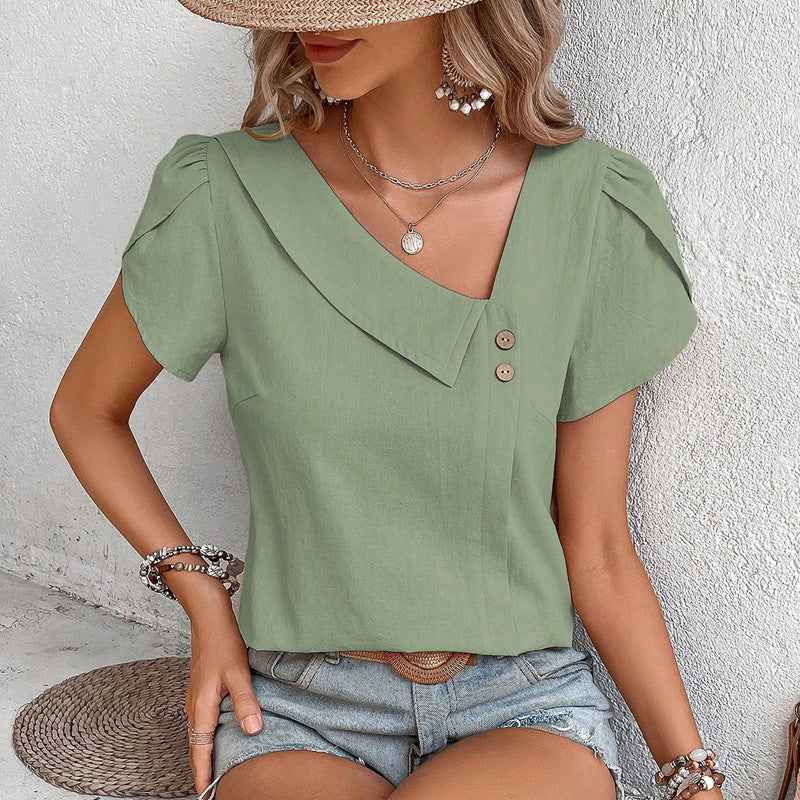 Women's Casual Petal Sleeve Asymmetrical V Neck Work Shirts Blouse Tops