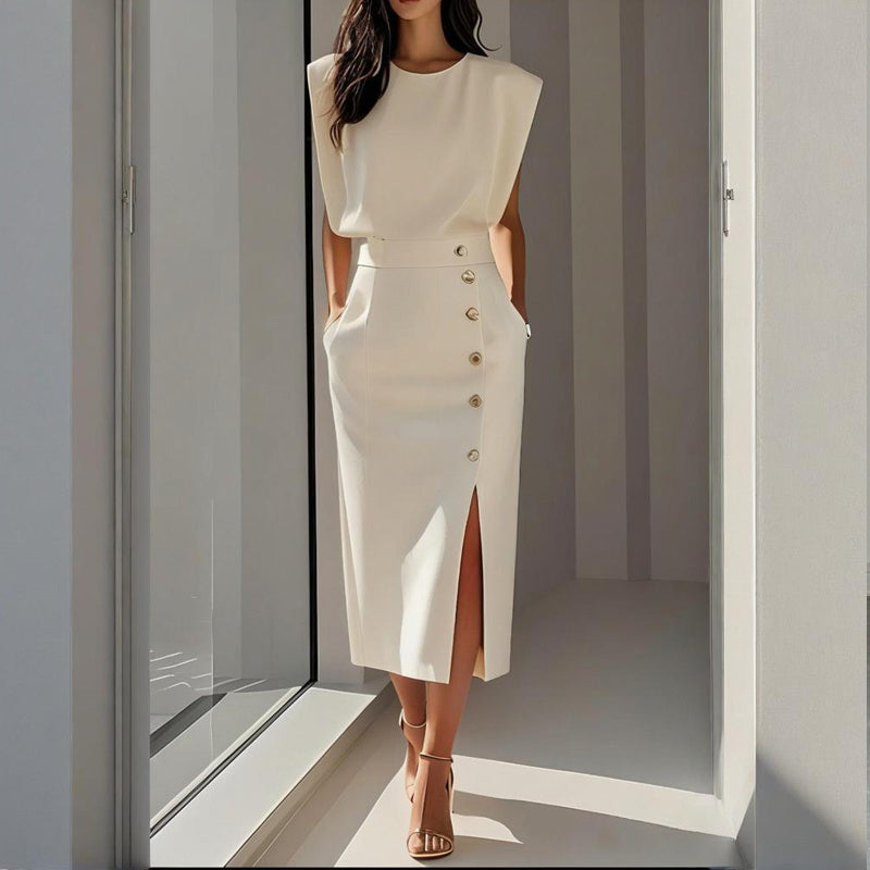 Women's Solid Color Round Neck Short Sleeve Dress With Side Slit, Button & Pockets - A-Line Cinched Waist Summer Casual Office Wear - The Eggy's store