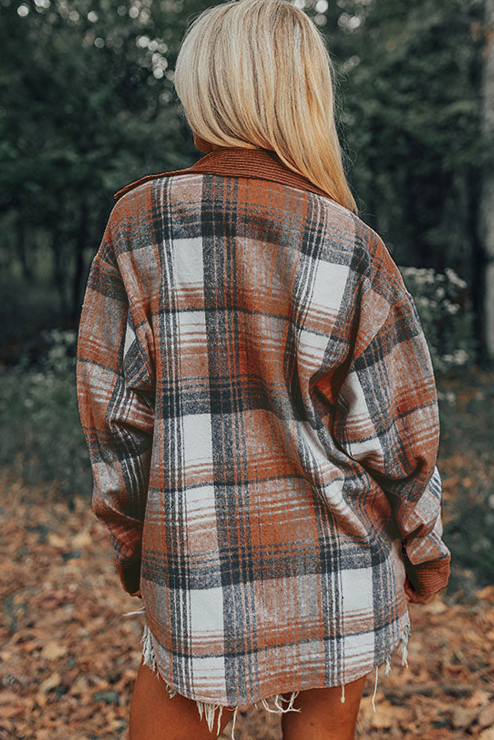 Cinnamon Plaid Corduroy Patchwork Pocket Loose Shacket - The Eggy's store