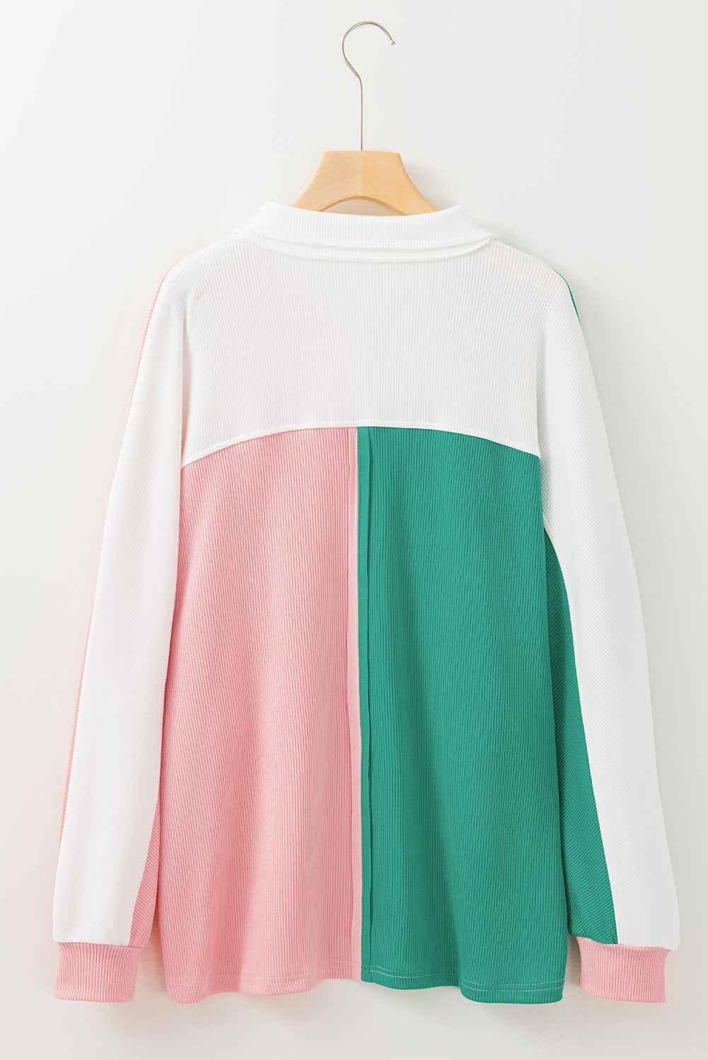 Colorblock Collared Ribbed Patchwork Pocketed Sweatshirt