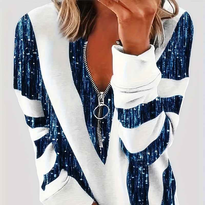 Women's Long Sleeve Shirts Zipper Color Block V Neck Tunic Tops Casual Blouse