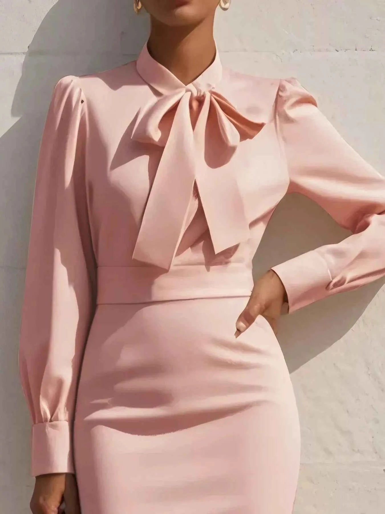 Bow Tie Neck Long Sleeve Bodycon Dress