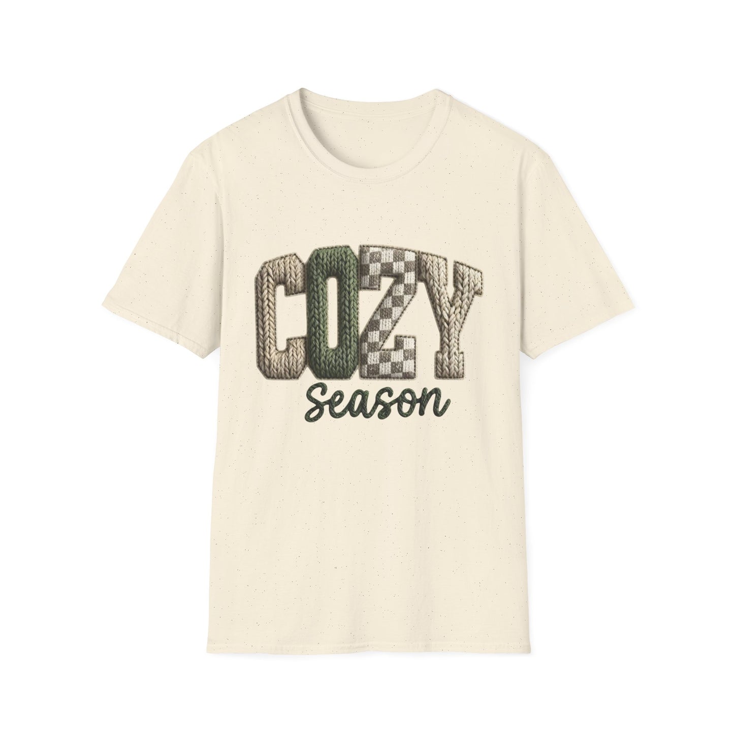 Cozy Season Women's T-Shirt — Plaid Knit Lettering Fall Graphic Tee