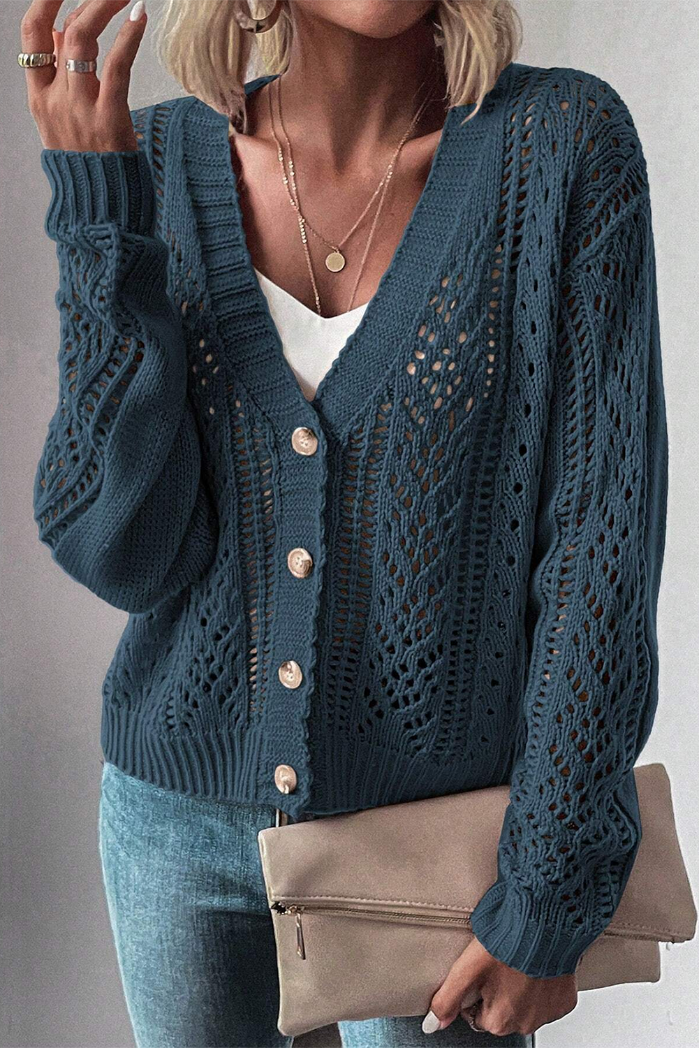 Dark Khaki Hollow Knit Drop Shoulder Cardigan - The Eggy's store