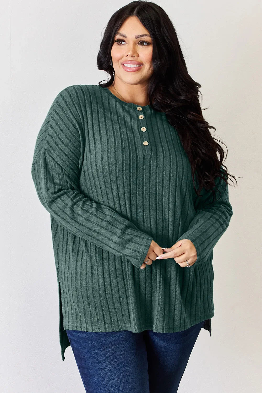 Basic Bae Full Size Ribbed Half Button Long Sleeve High-Low Women's T-Shirt - The Eggy's store