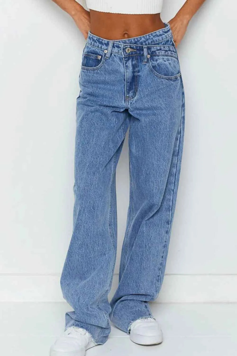 Mid Rise Asymmetrical Waist Wide Leg Jeans