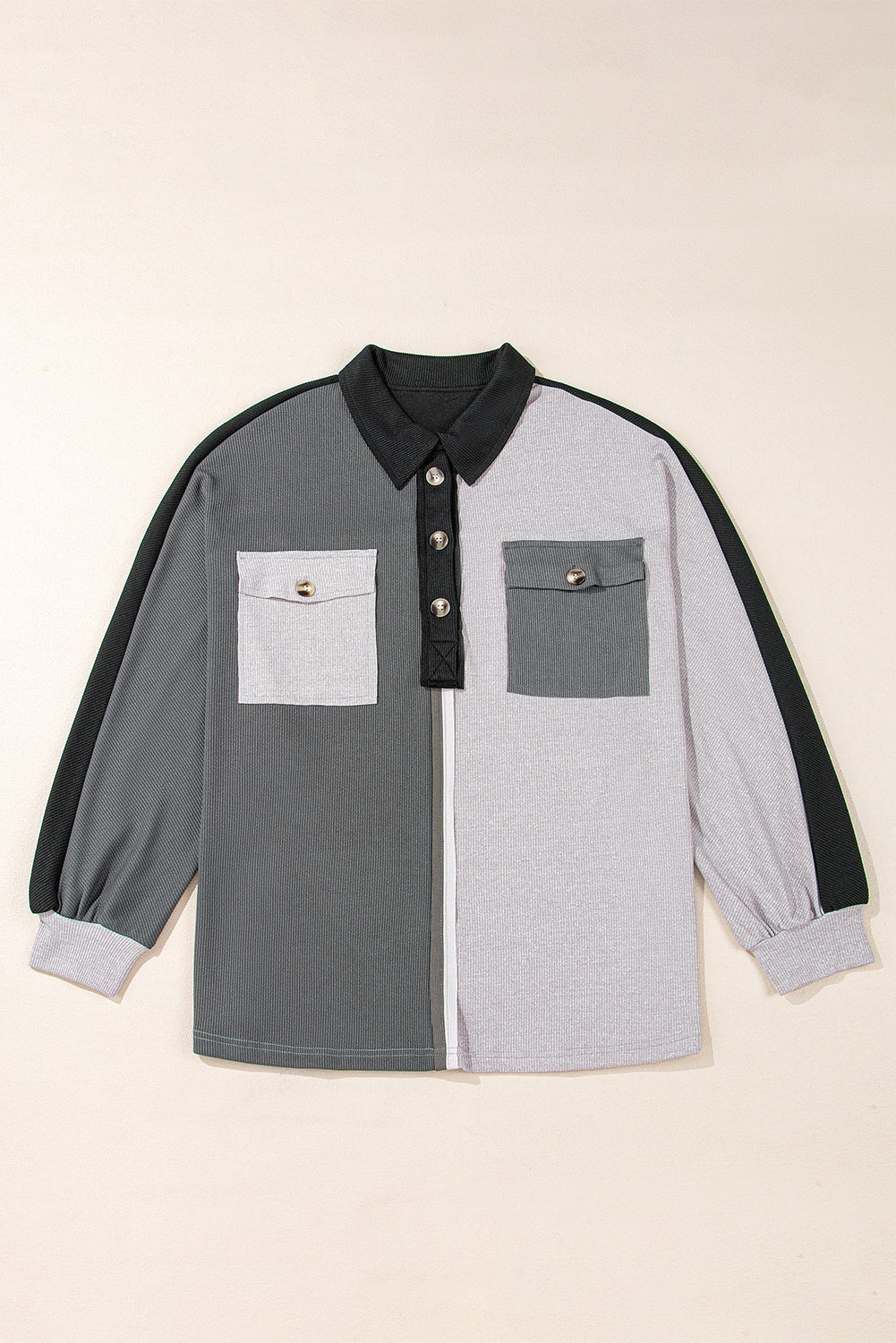 Colorblock Collared Ribbed Patchwork Pocketed Sweatshirt