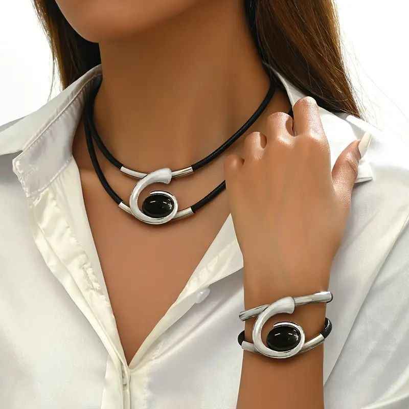 Modern Elegance Black & Silver Leather Choker Necklace And Bracelet Set