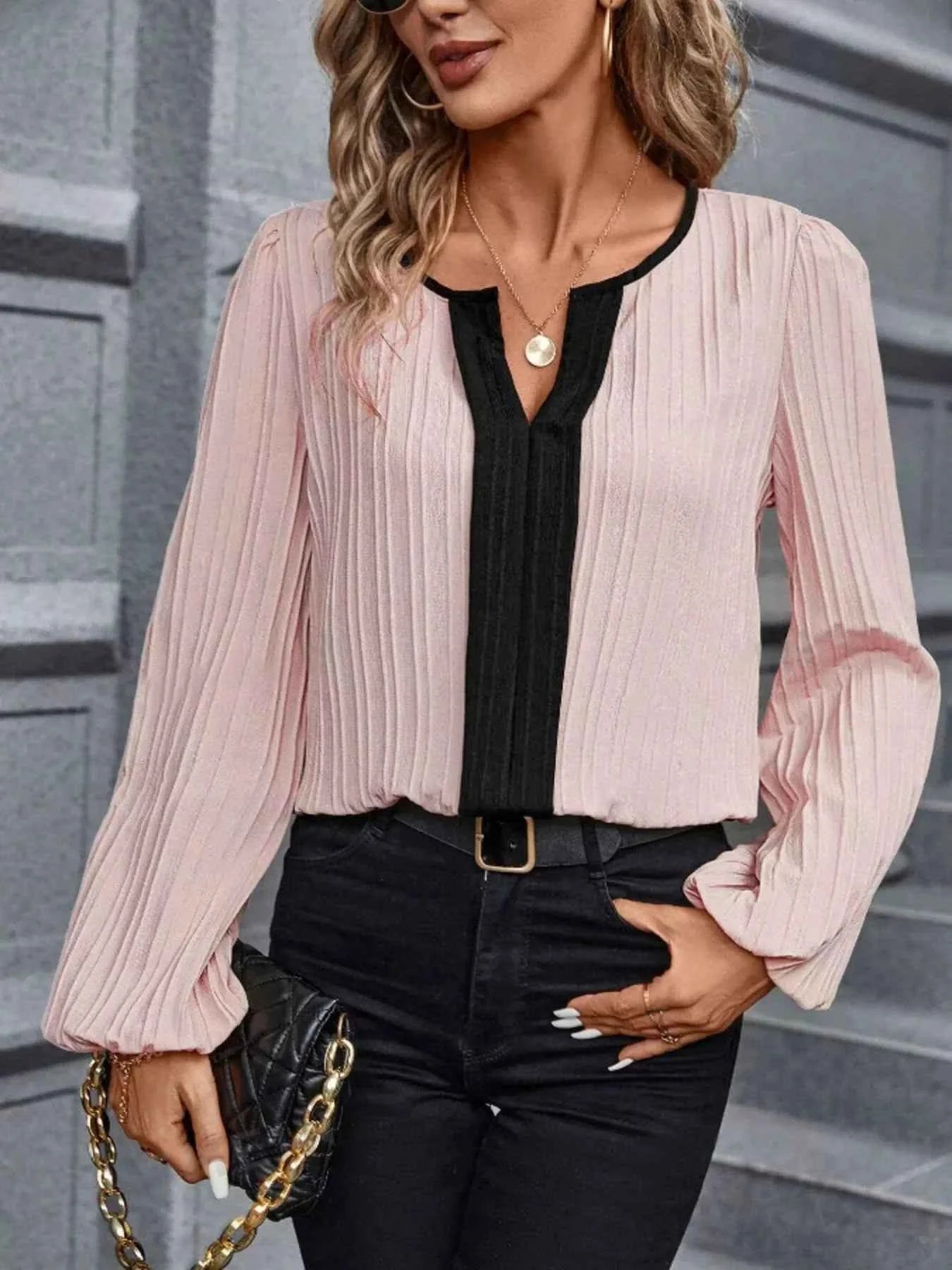 Textured Notched Long Sleeve Blouse