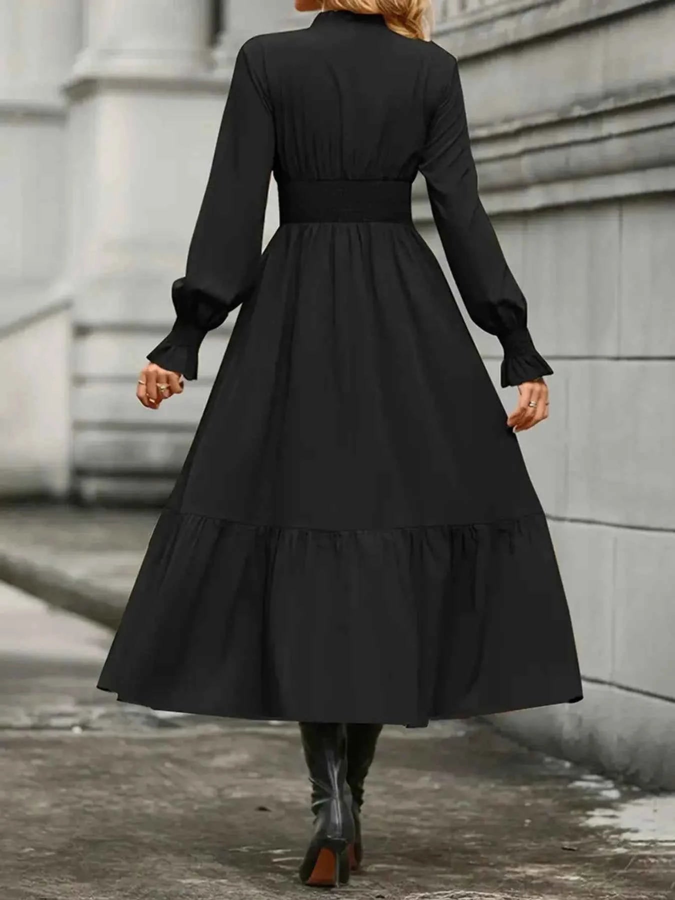Notched Long Sleeve Tiered Dress