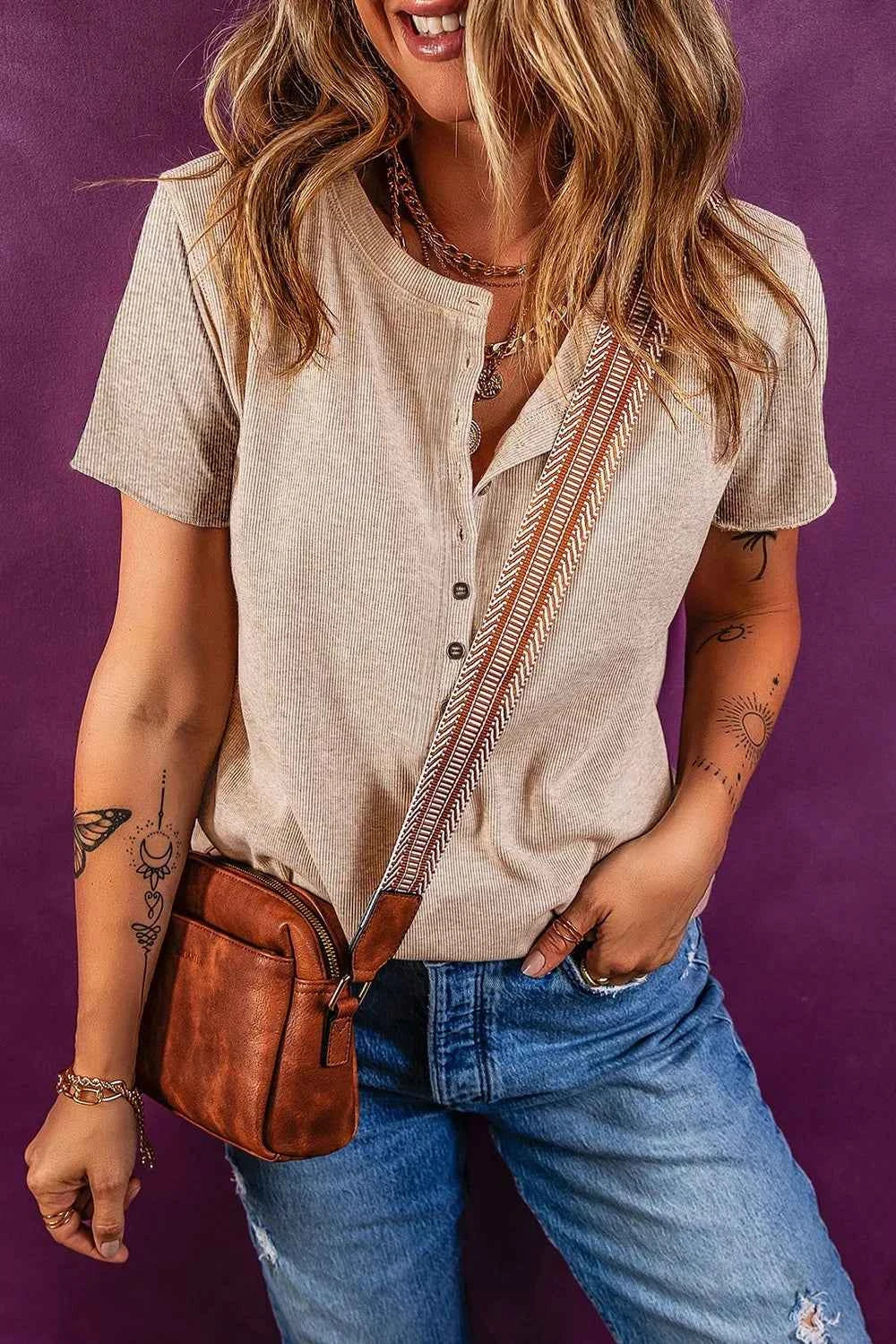 Short Sleeve Half Button Ribbed Knit Top