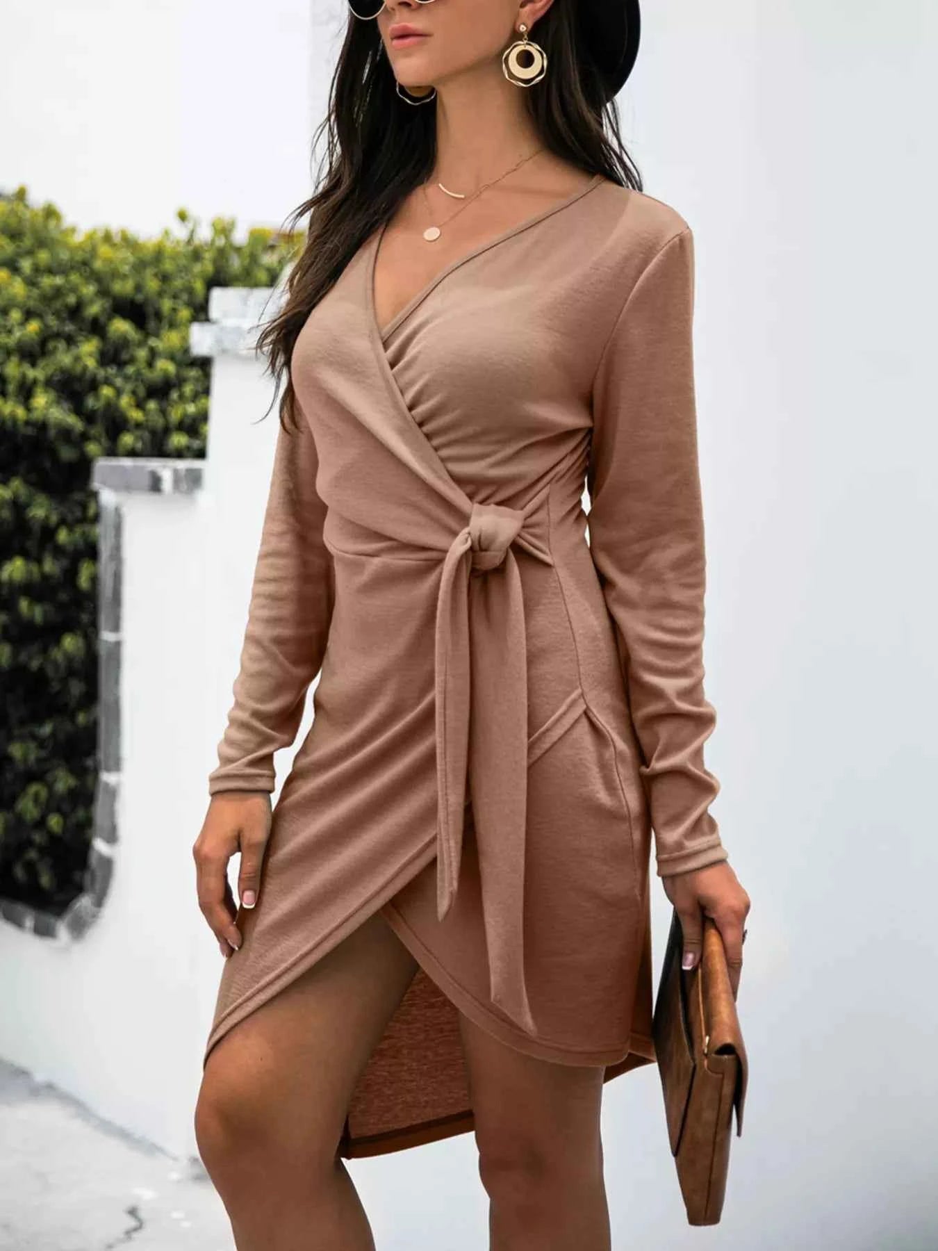 Surplice Long Sleeve Side Tie Dress