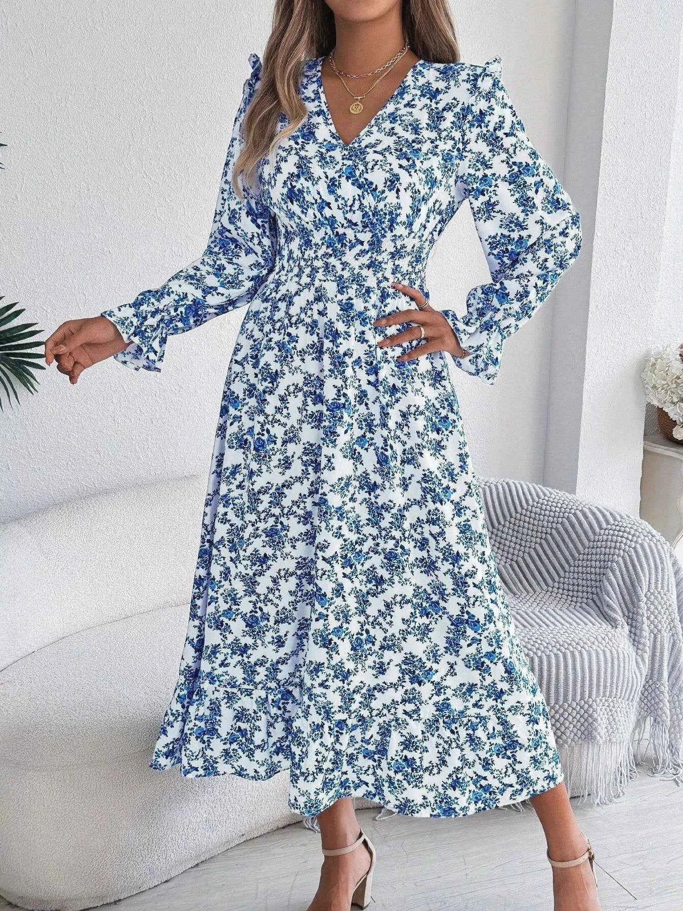 Ruffled Floral V-Neck Flounce Sleeve Dress