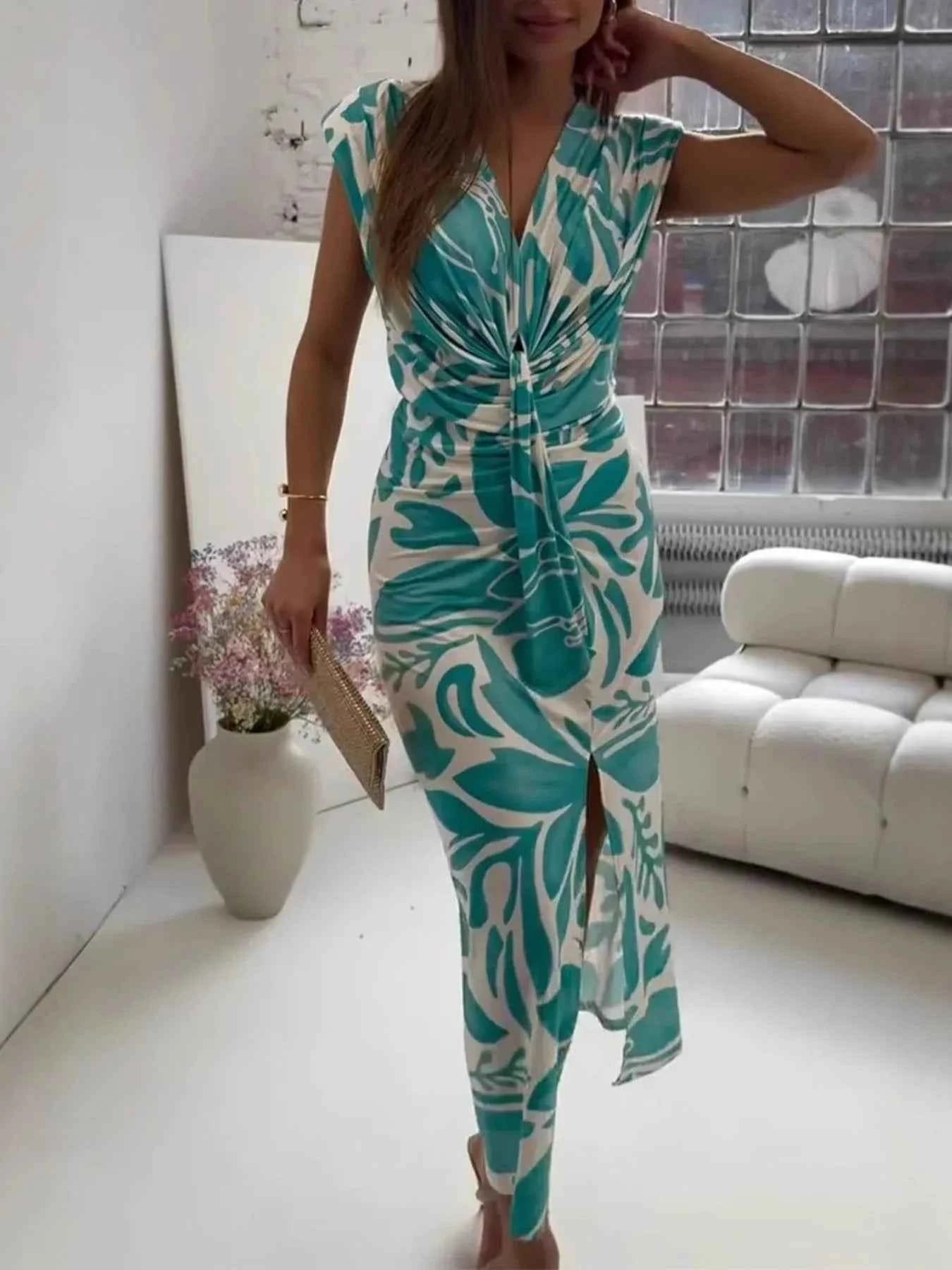 Full Size Slit Printed V-Neck Midi Dress Plus Size