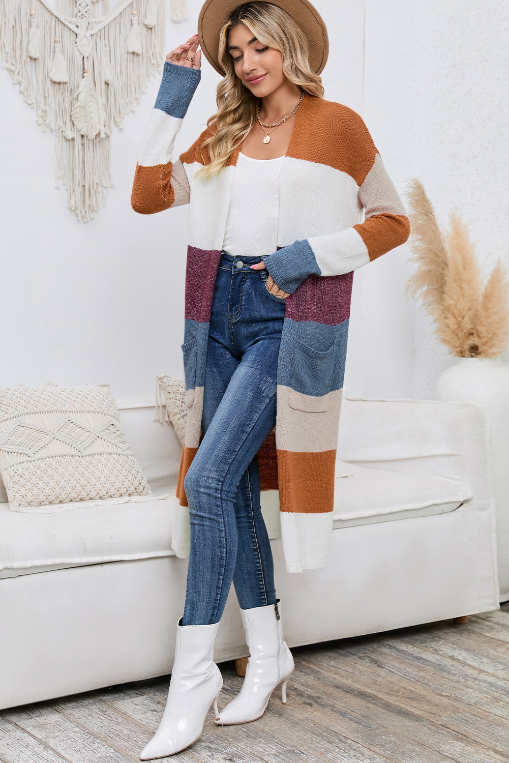 Multicolor Knitted Color Block Open Front Long Cardigan - The Eggy's store