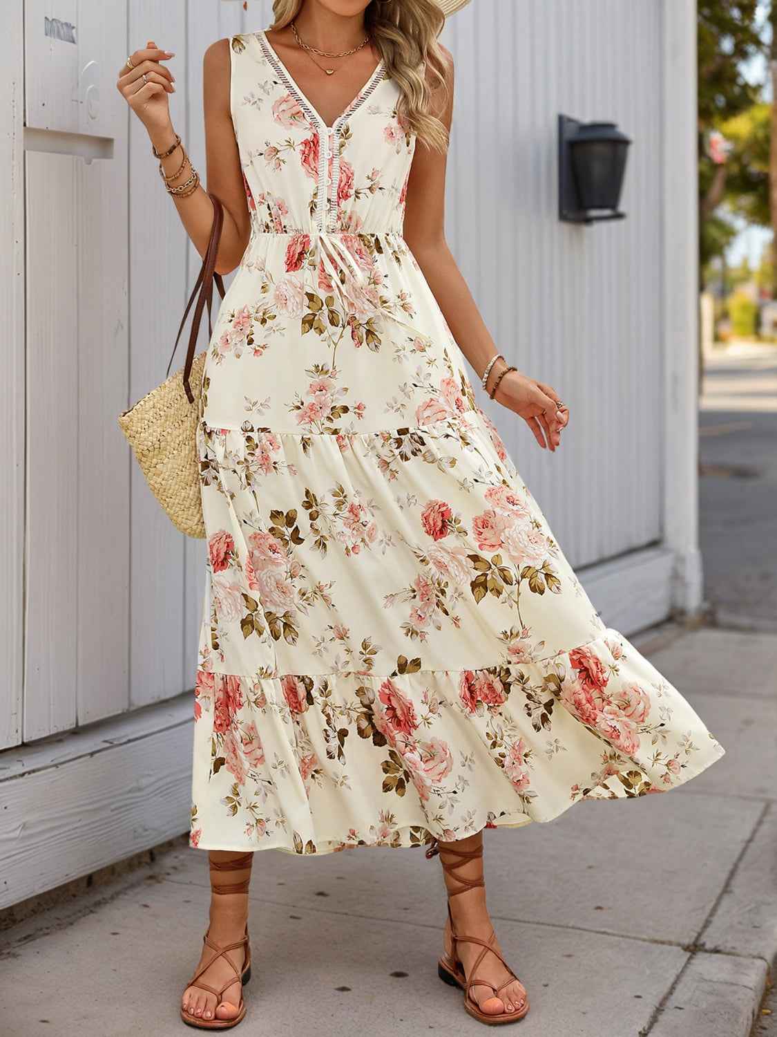 Printed Ruffled Hem V-Neck Sleeveless Dress