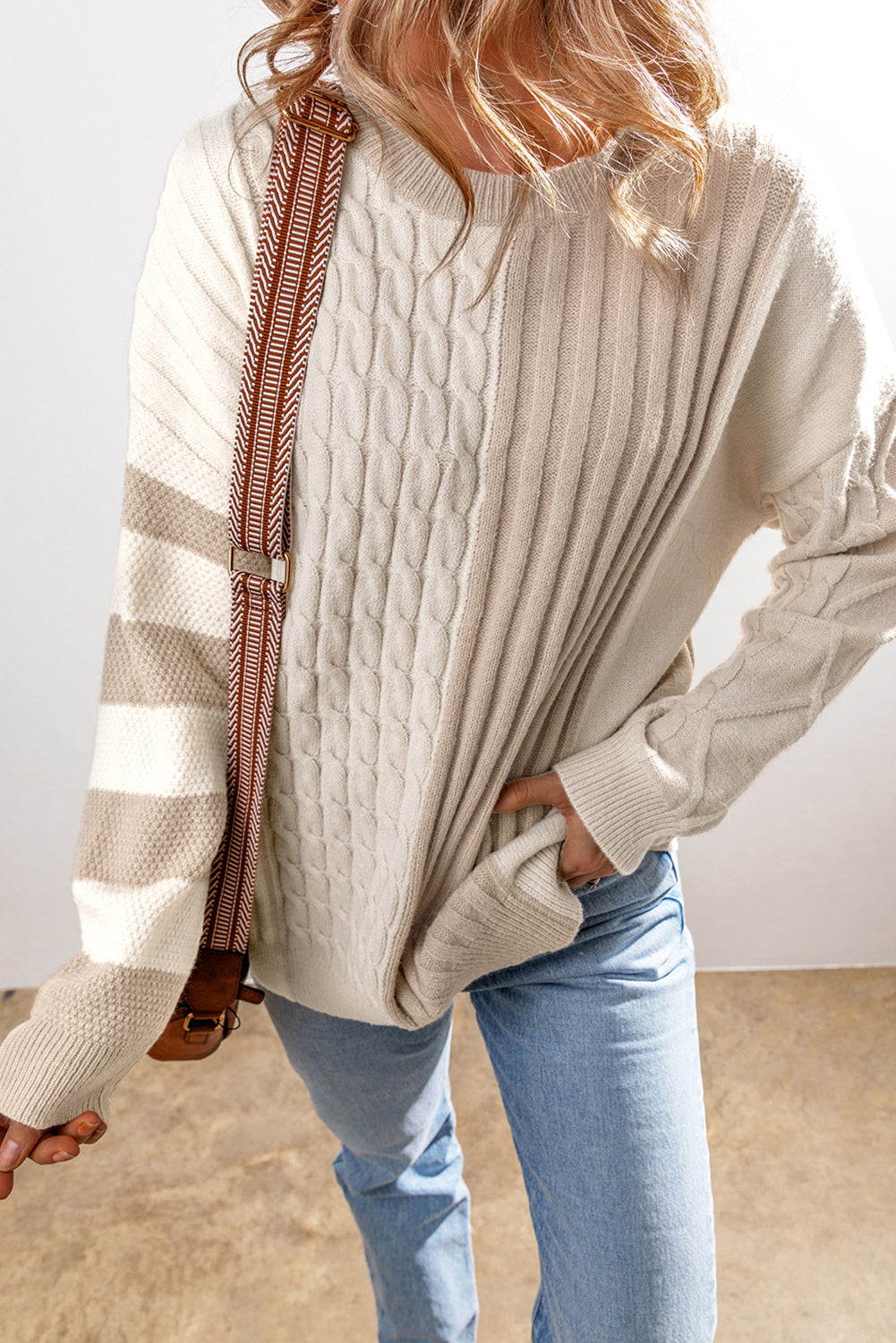 Khaki Cable Knit Colorblock Crew Neck Drop Shoulder Sweater - The Eggy's store