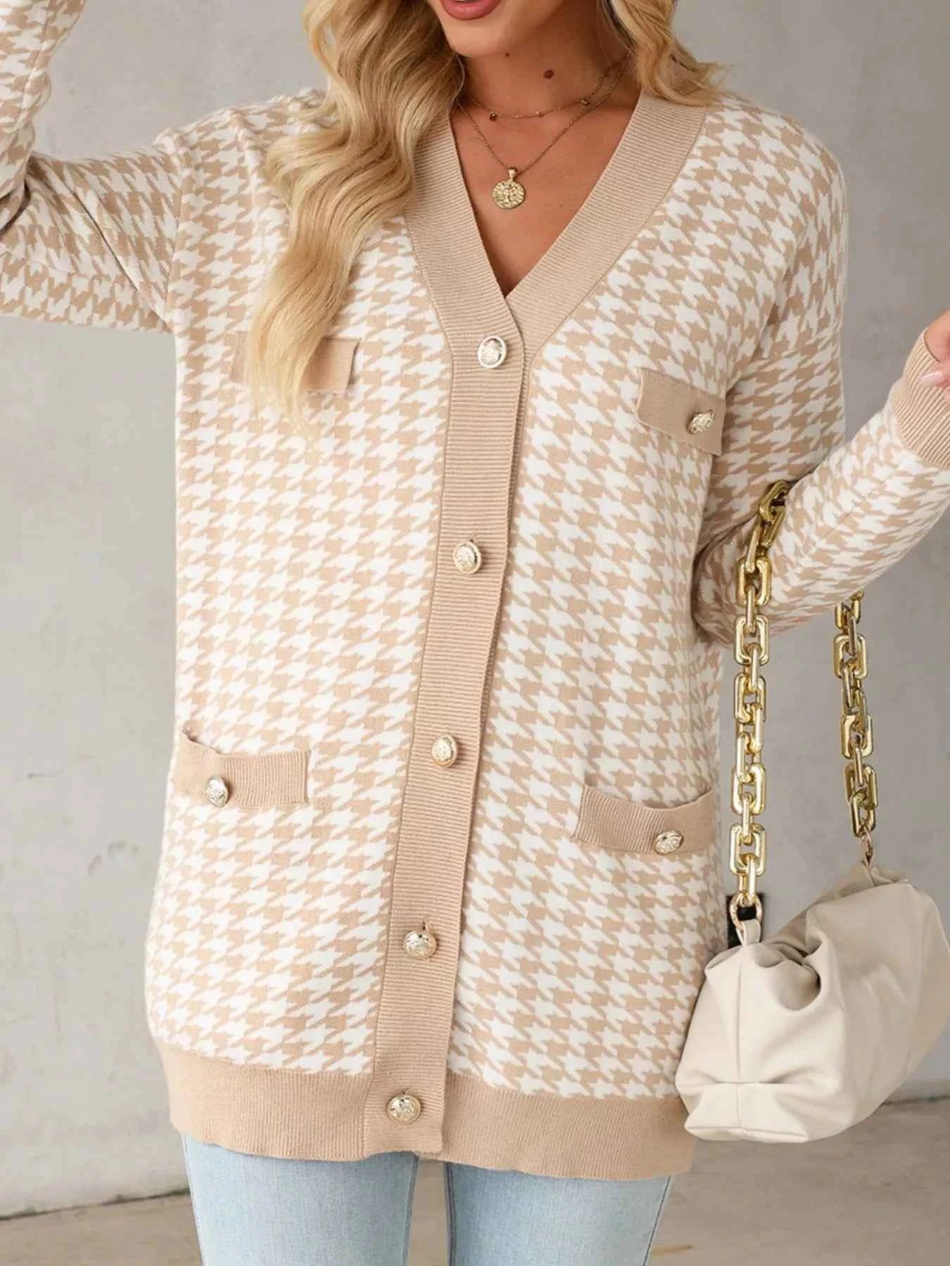 Contrast Edge Metal Button Slim Cardigan with Pockets