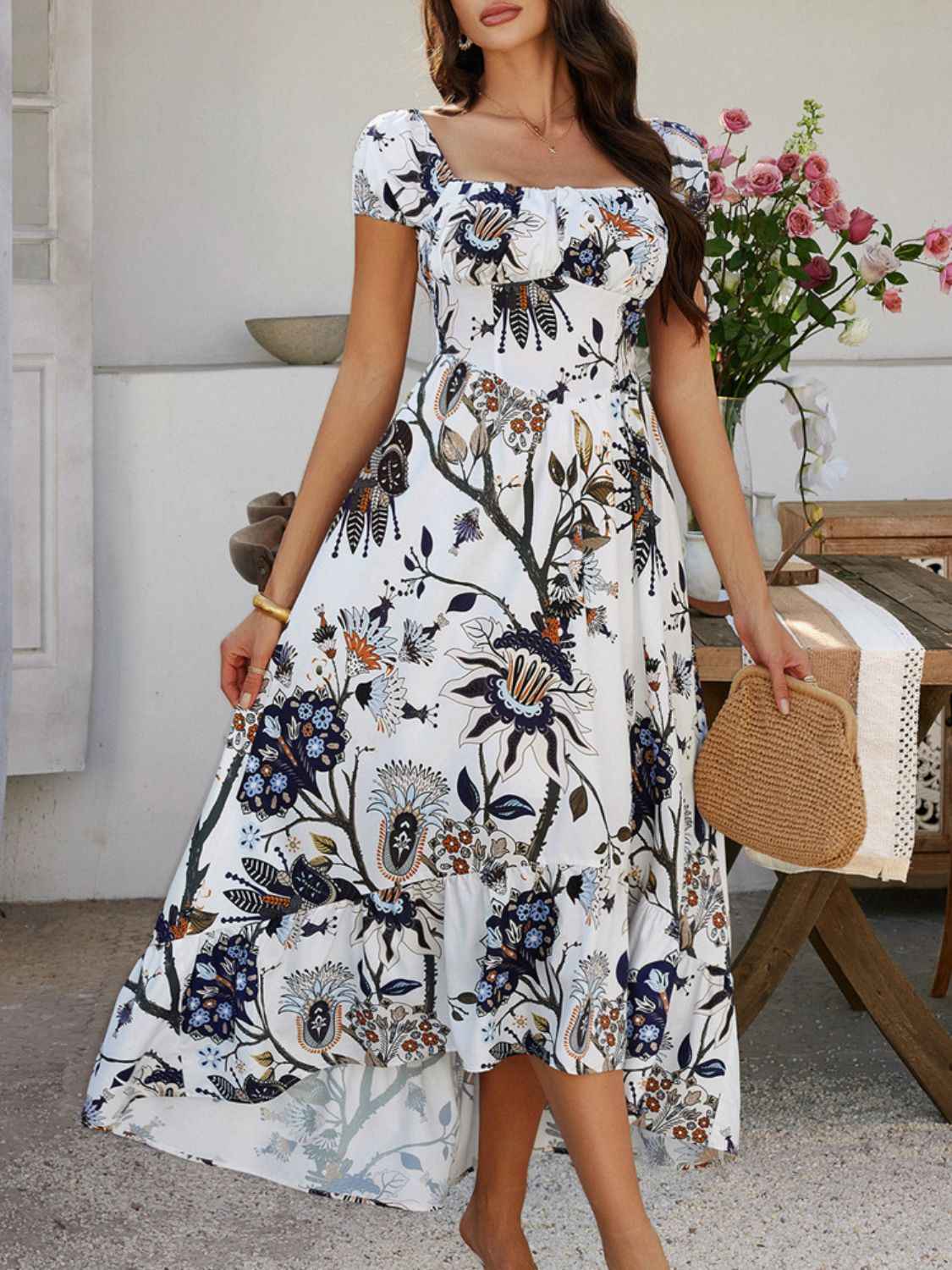 Devine Smocked Printed Short Sleeve Maxi Dress