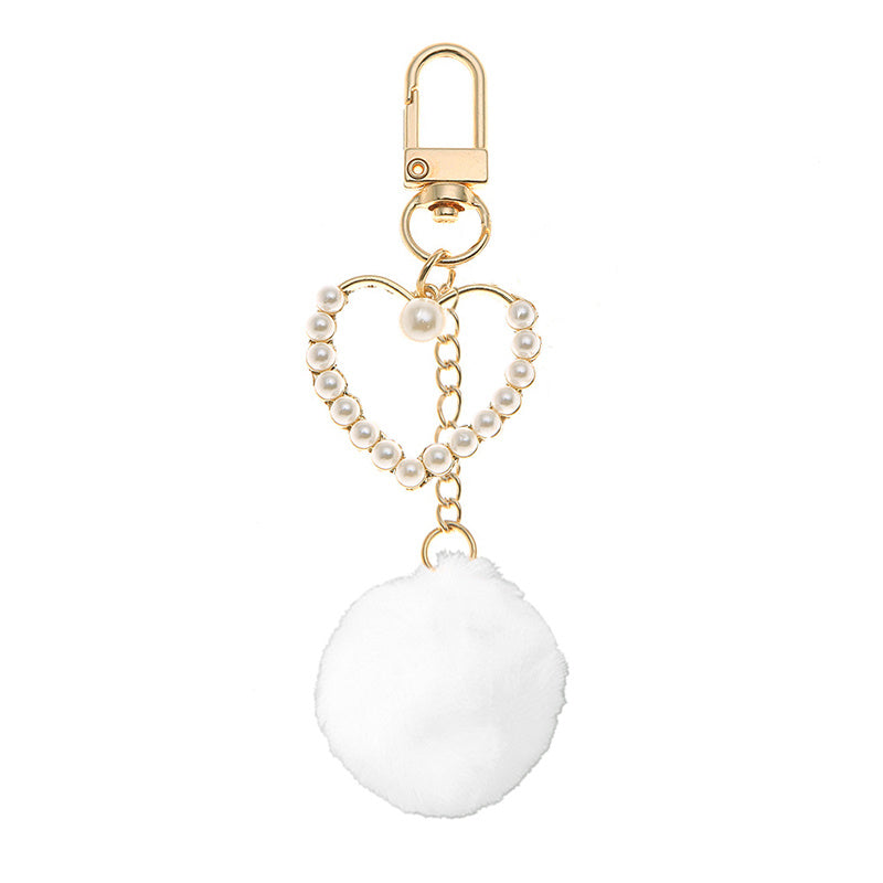 Cute White Plush Ball Keychain Fashion Pompoms Pearls Heart Charms Key Chain - The Eggy's store