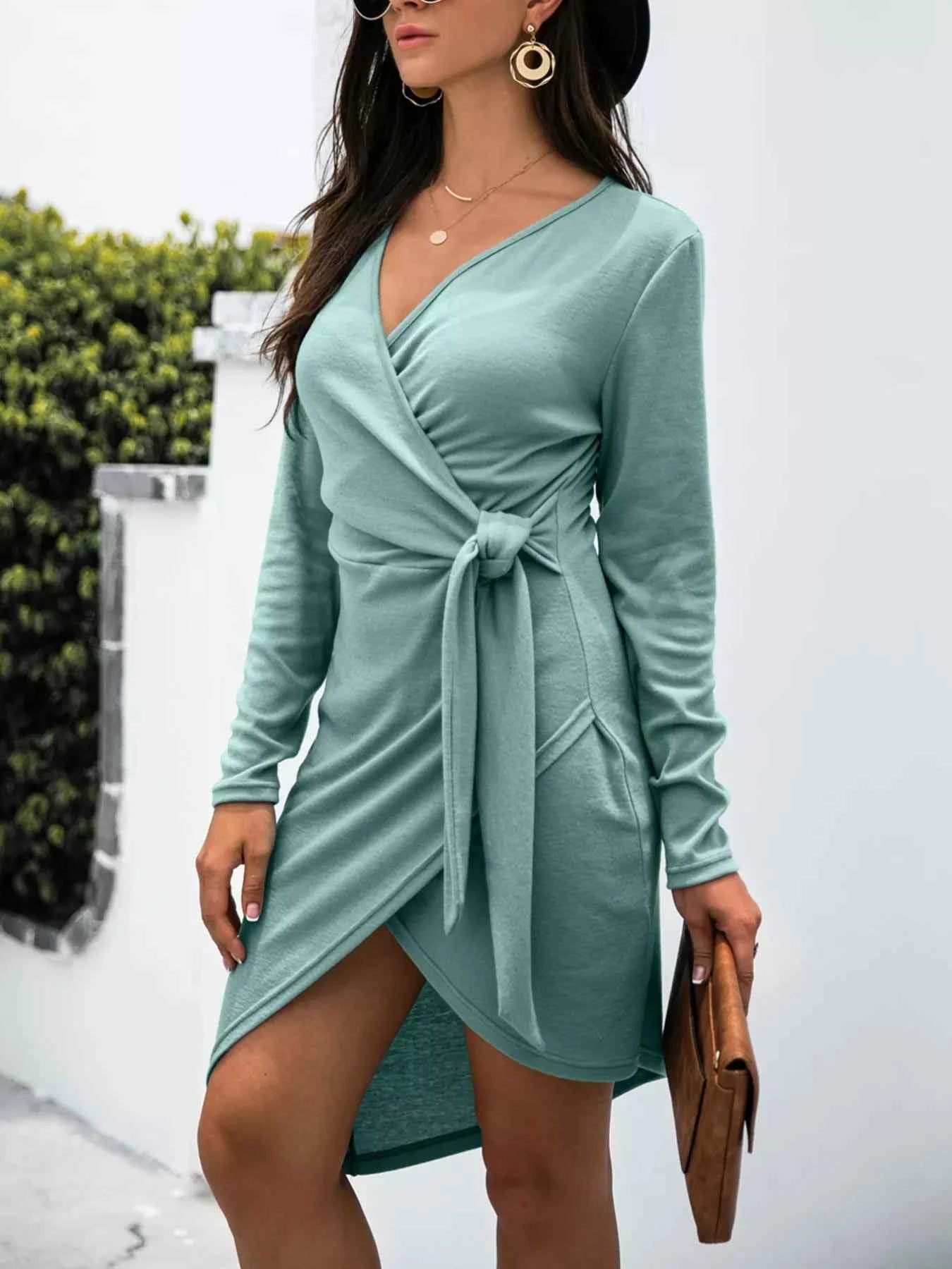 Surplice Long Sleeve Side Tie Dress