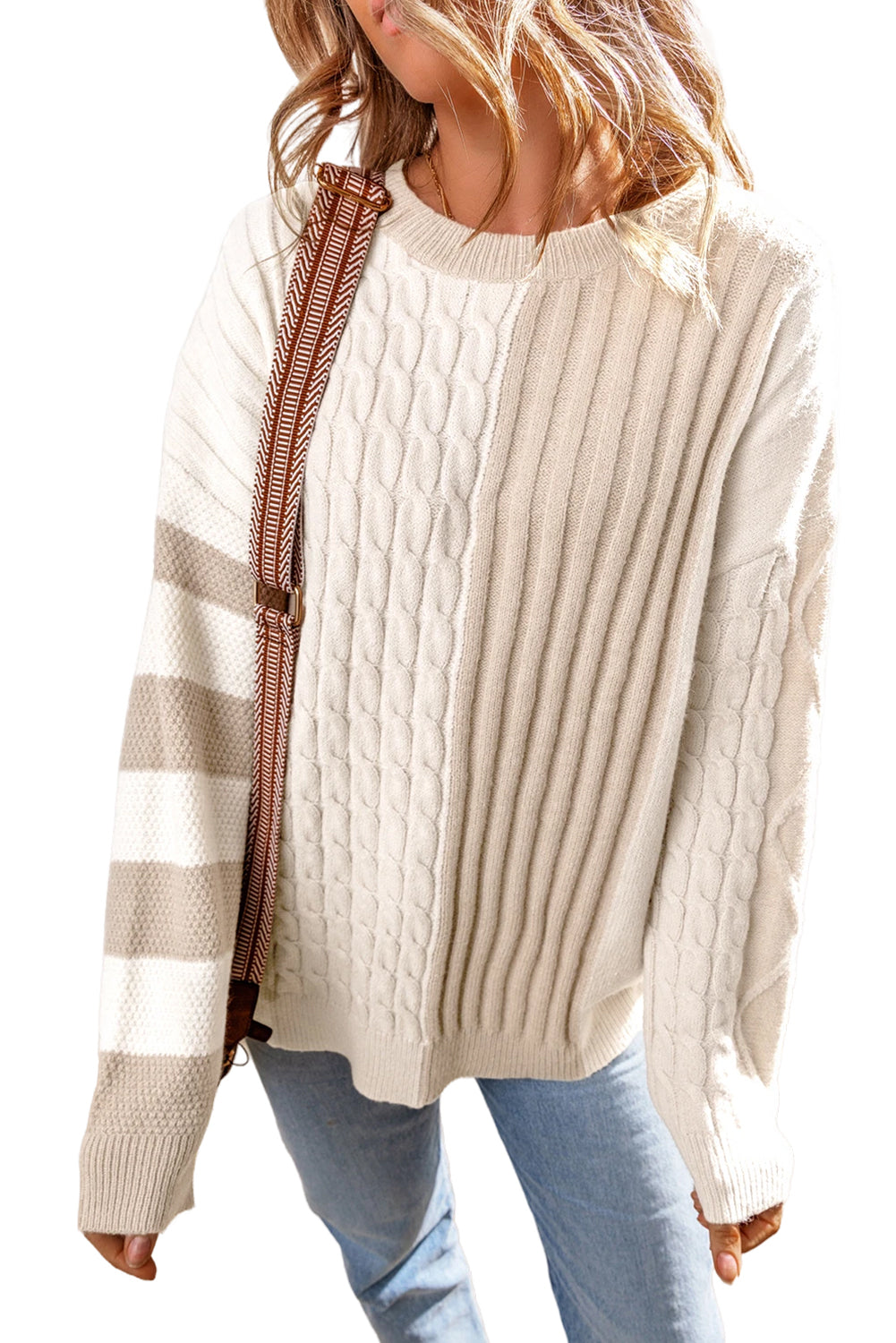 Khaki Cable Knit Colorblock Crew Neck Drop Shoulder Sweater - The Eggy's store