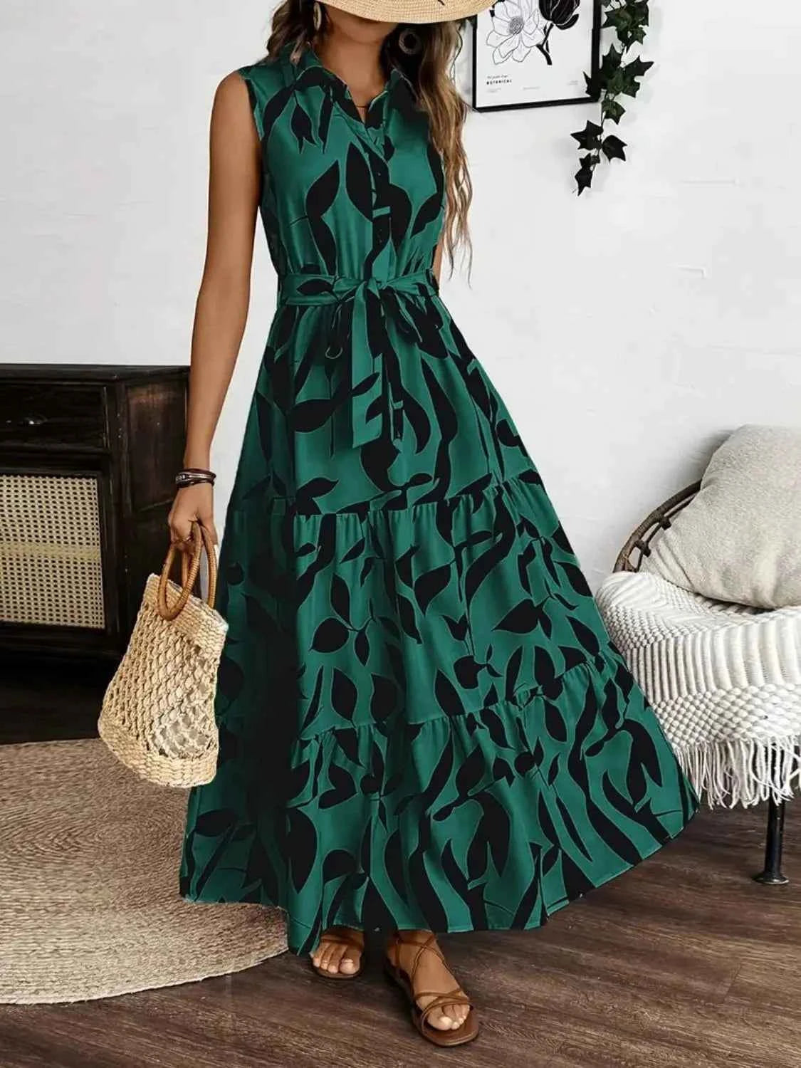 Printed Tie Waist Sleeveless Maxi Dress
