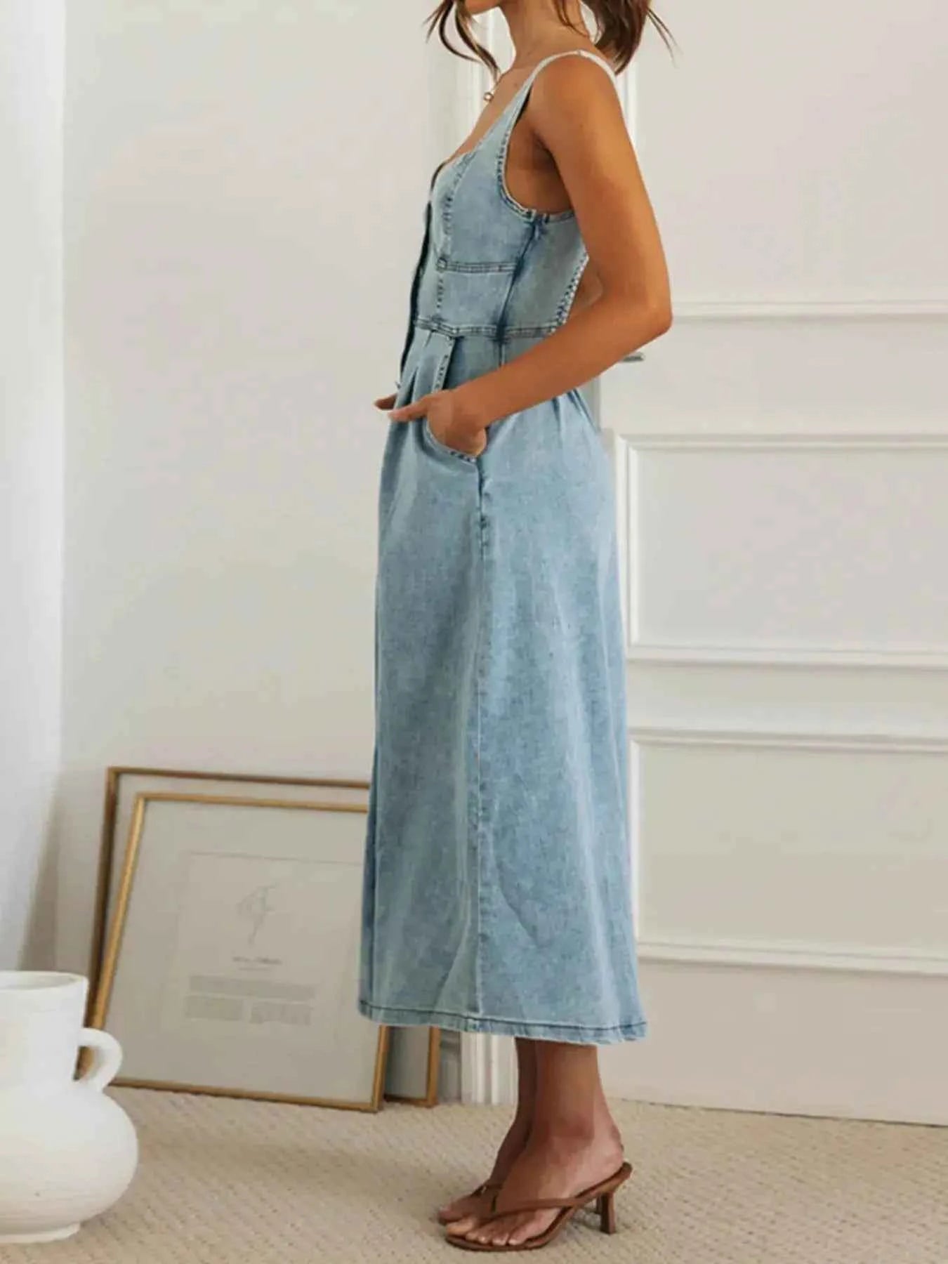 Sweetheart Neck Button-Front Pocketed Denim Midi Dress