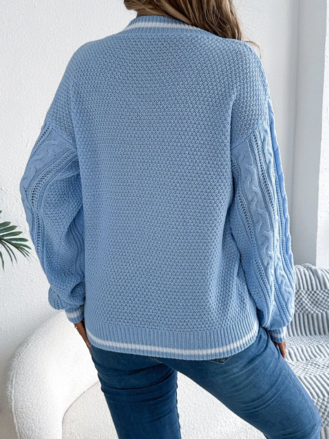 V-Neck Cable Knit Long Sleeve Sweater