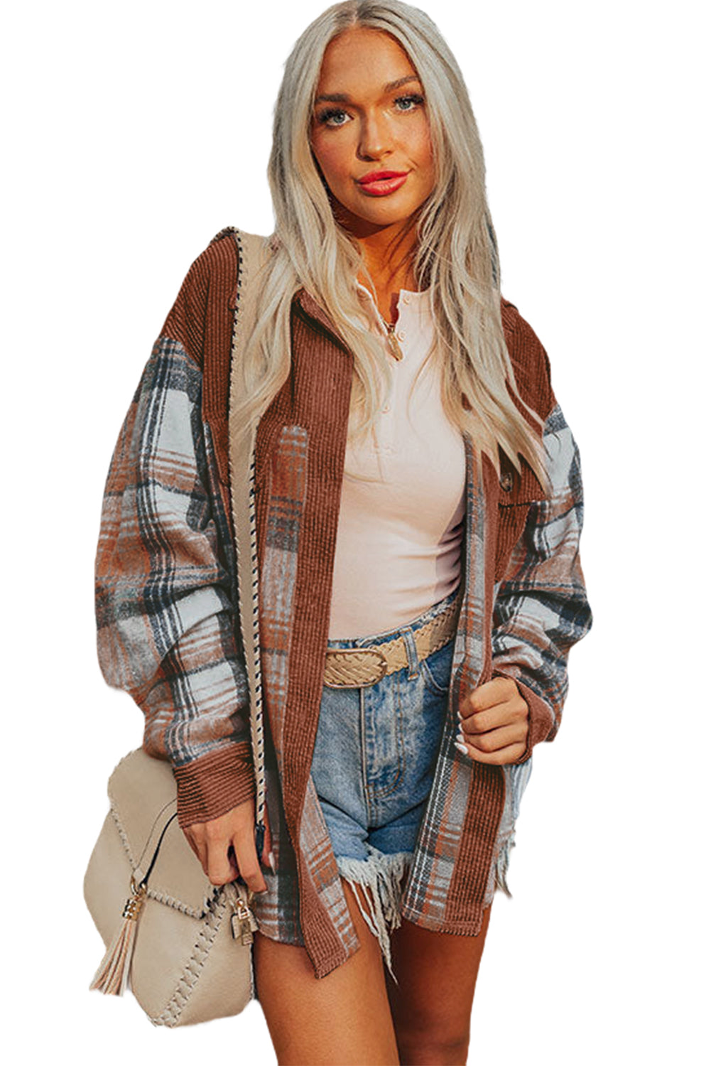Cinnamon Plaid Corduroy Patchwork Pocket Loose Shacket - The Eggy's store